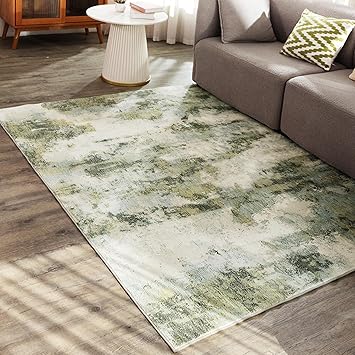 Carvapet 3 x 5 Rugs for Living Room, 36"x60" Green Modern Abstract Low Pile Carpet with Rubber Backing, Foldable, Non Slip Machine Washable (5 x 3 Feet Rectangular, Sage Green Area Rug)