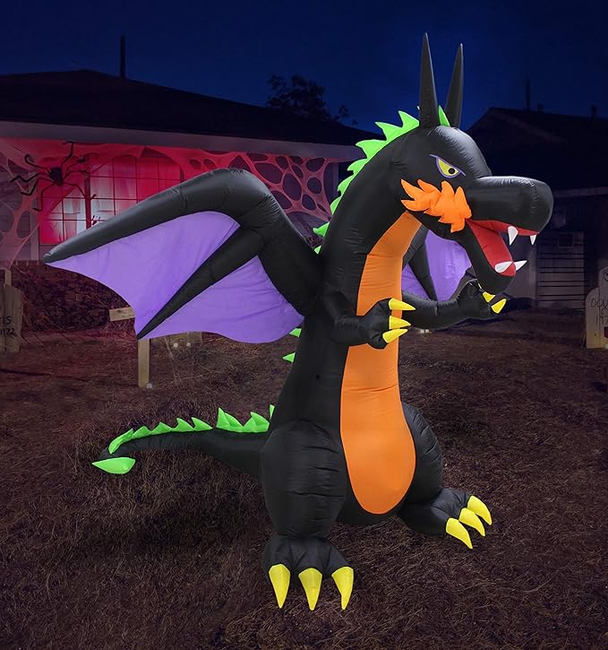 BZB Goods 8 Foot Tall Lighted Halloween Inflatable Fire Dragon with Wings LED Lights Decor Outdoor Indoor Holiday Decorations, Blow up Lighted Yard Decor, Giant Lawn Inflatables Home Family Outside
