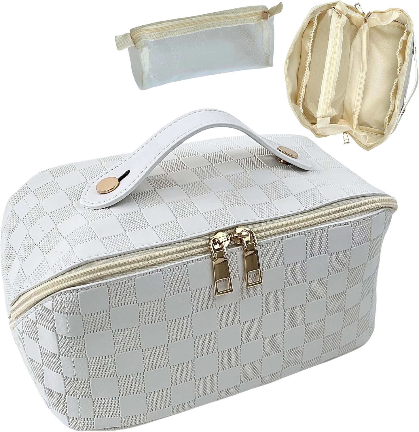 JAZD Large Capacity Travel Cosmetic Bag - Makeup Bag Opens Flat for Easy Access - Leather Waterproof Portable Cosmetics Bag with Handle, Divider - Toiletry Make up Organizer Bag.
