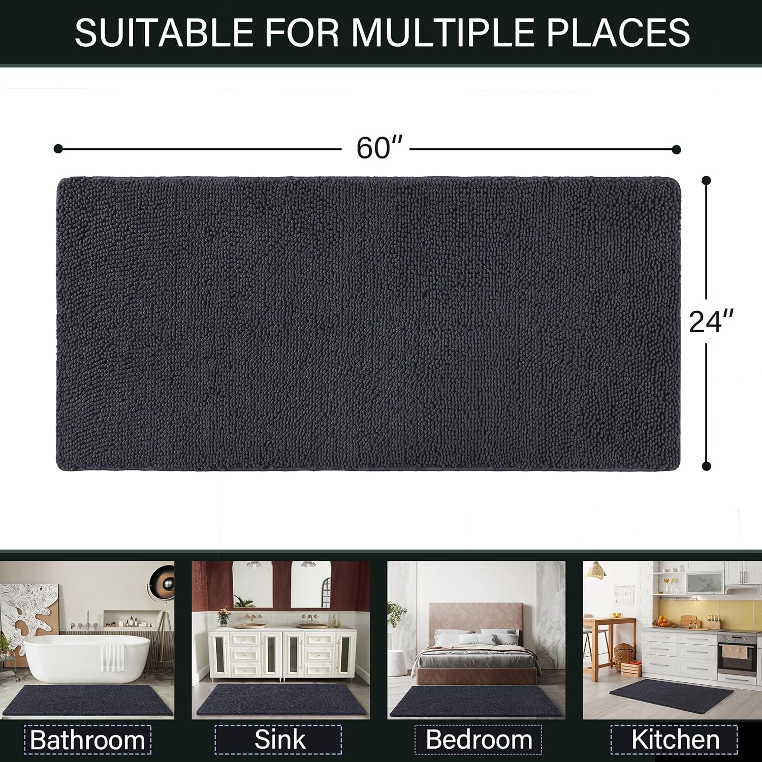 lochas luxury bathroom rug shaggy bath mat 24 x 60 inch, washable non slip bath rugs for bathroom shower, soft plush chenille absorbent carpets mats, dark grey dark grey 2' x 5' (24''x60'')