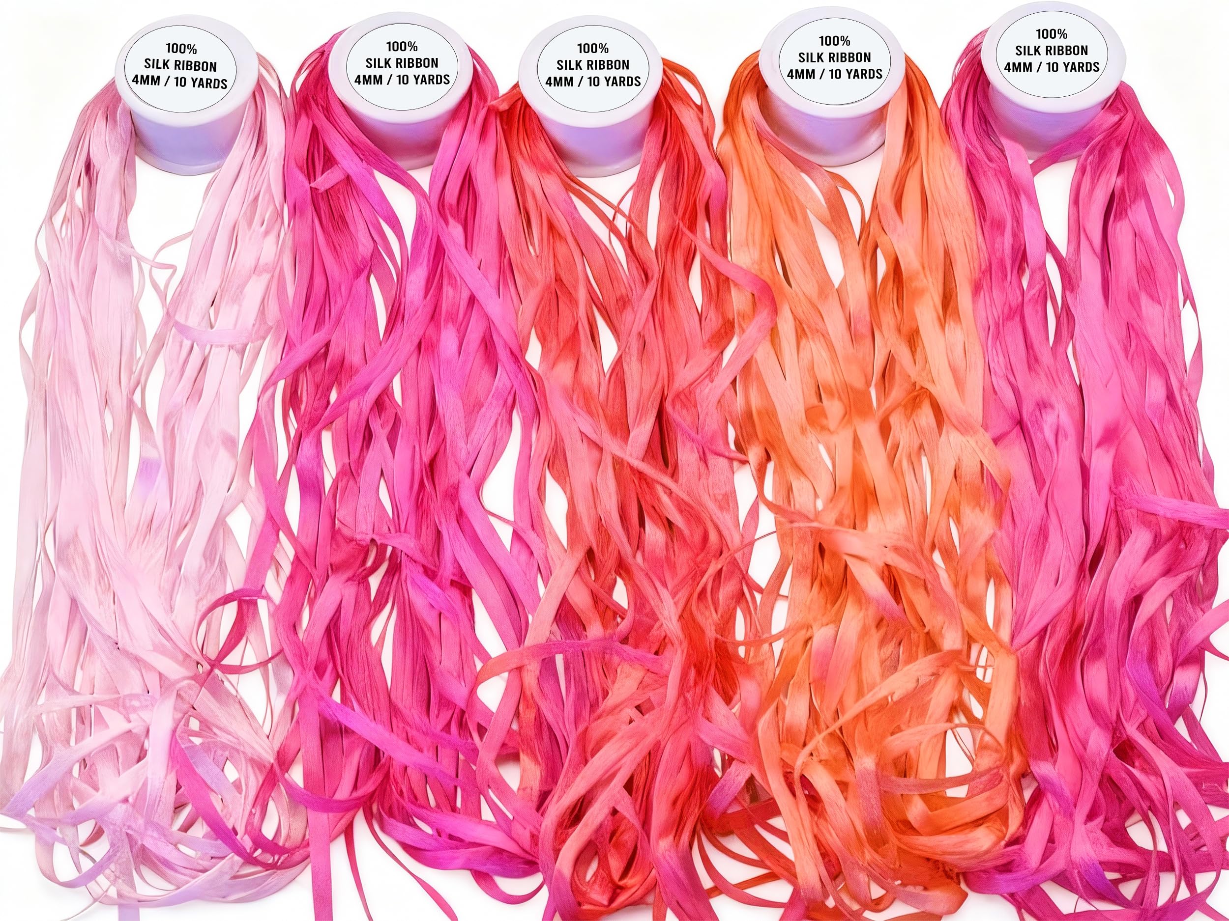 New 5 Spools of 100% Pure Silk Ribbons - Pink Tones - 50 MTS x 4mm