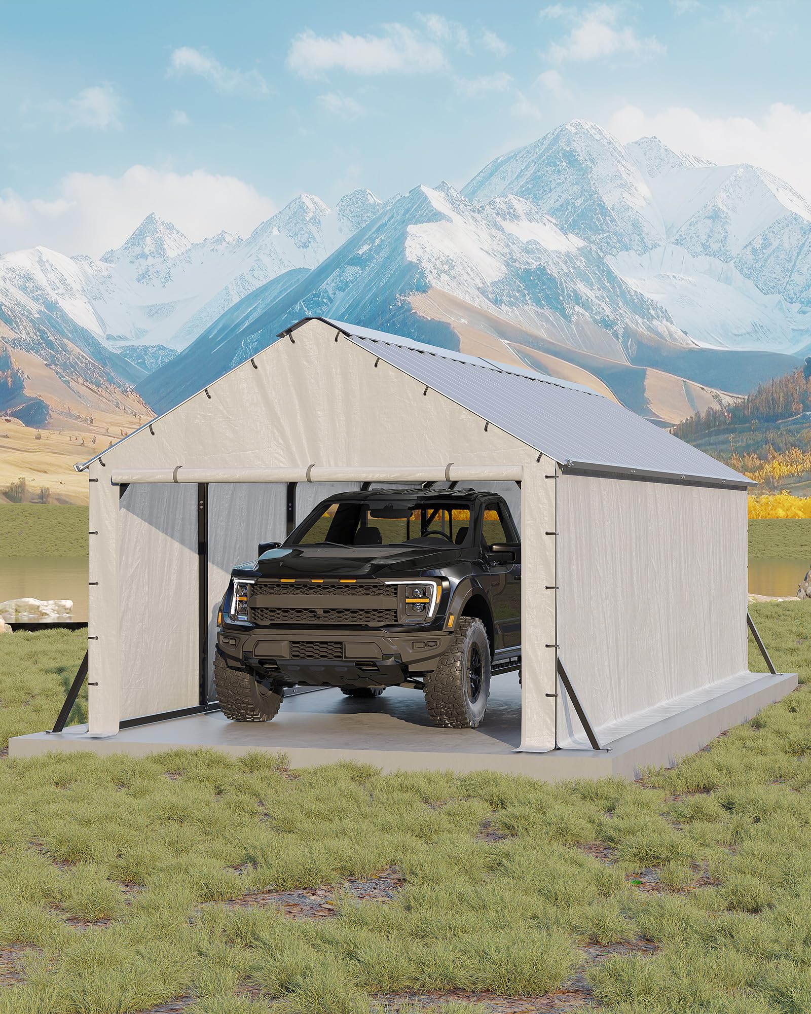 GarveeLife 11'x20'x9' Vertical Roof Metal Carport, Enclosed Car Ports with Heavy Duty Steel Frame, for All-Weather, for Full-Size Pickup Trucks, Boats