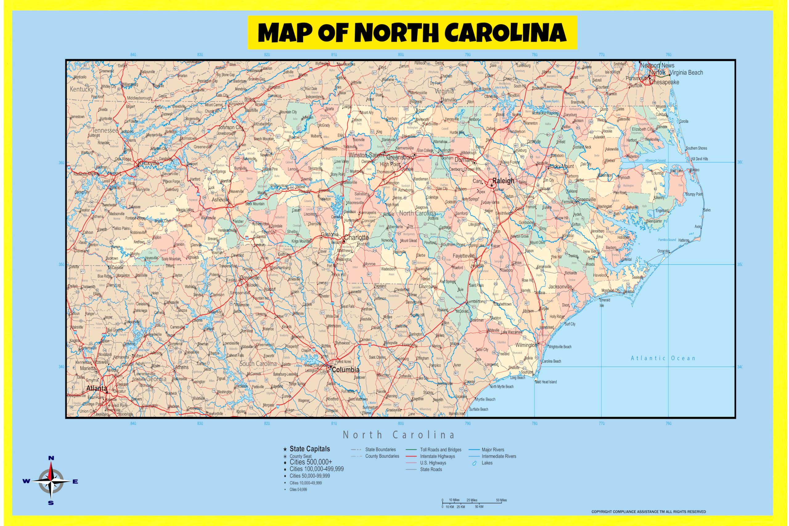 Map Of North Carolina Style D - 18x24 - Laminated Wall Map Poster for Homes, Classrooms and Offices - Vivid Colors, Easy to Read, Clean Layout