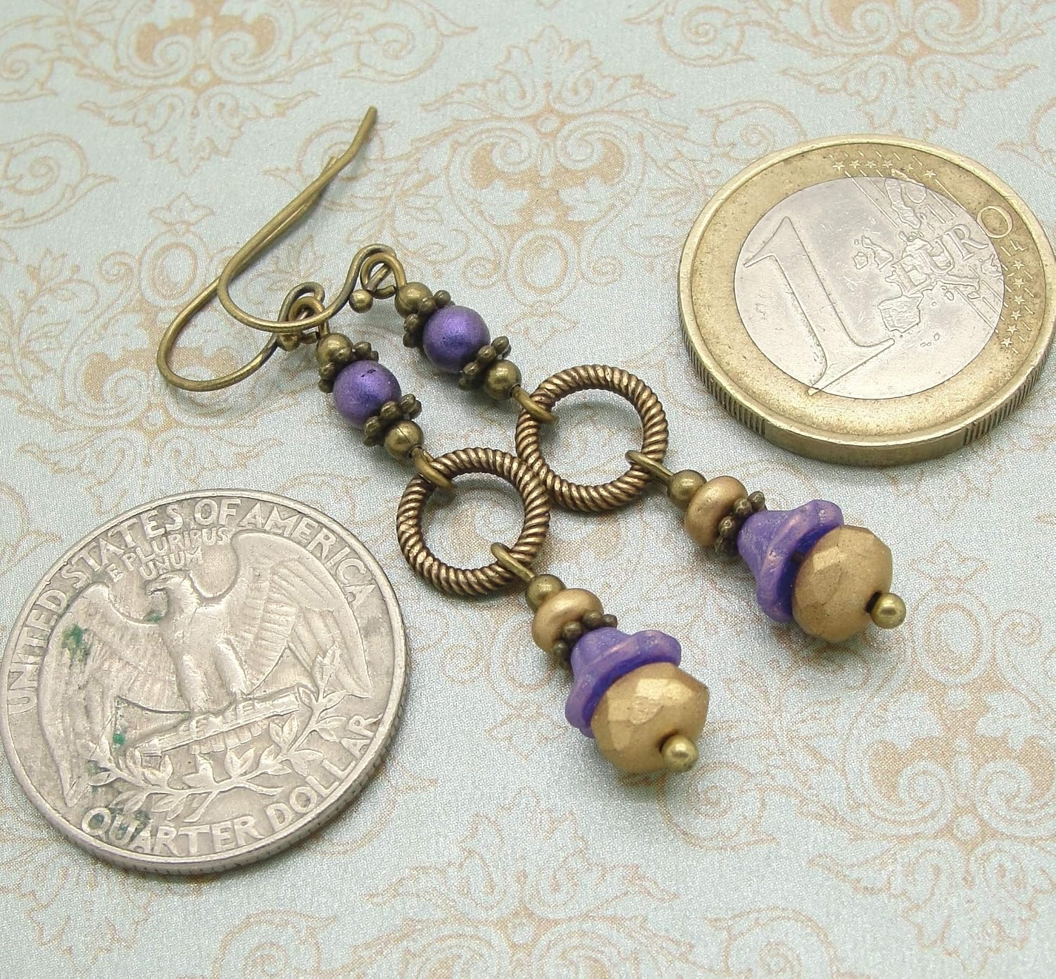 Purple and Gold-Tone Flower Earrings in Antiqued Brass