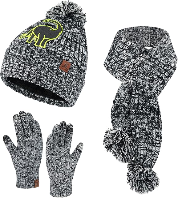 Bequemer Laden Toddlers Boys Girls Winter Warm Beanie Hats Long Scarf Touchscreen Gloves Cable Knit Set with Pompom Fleece Lined Skull Cap for Kids 5-10 Years Old