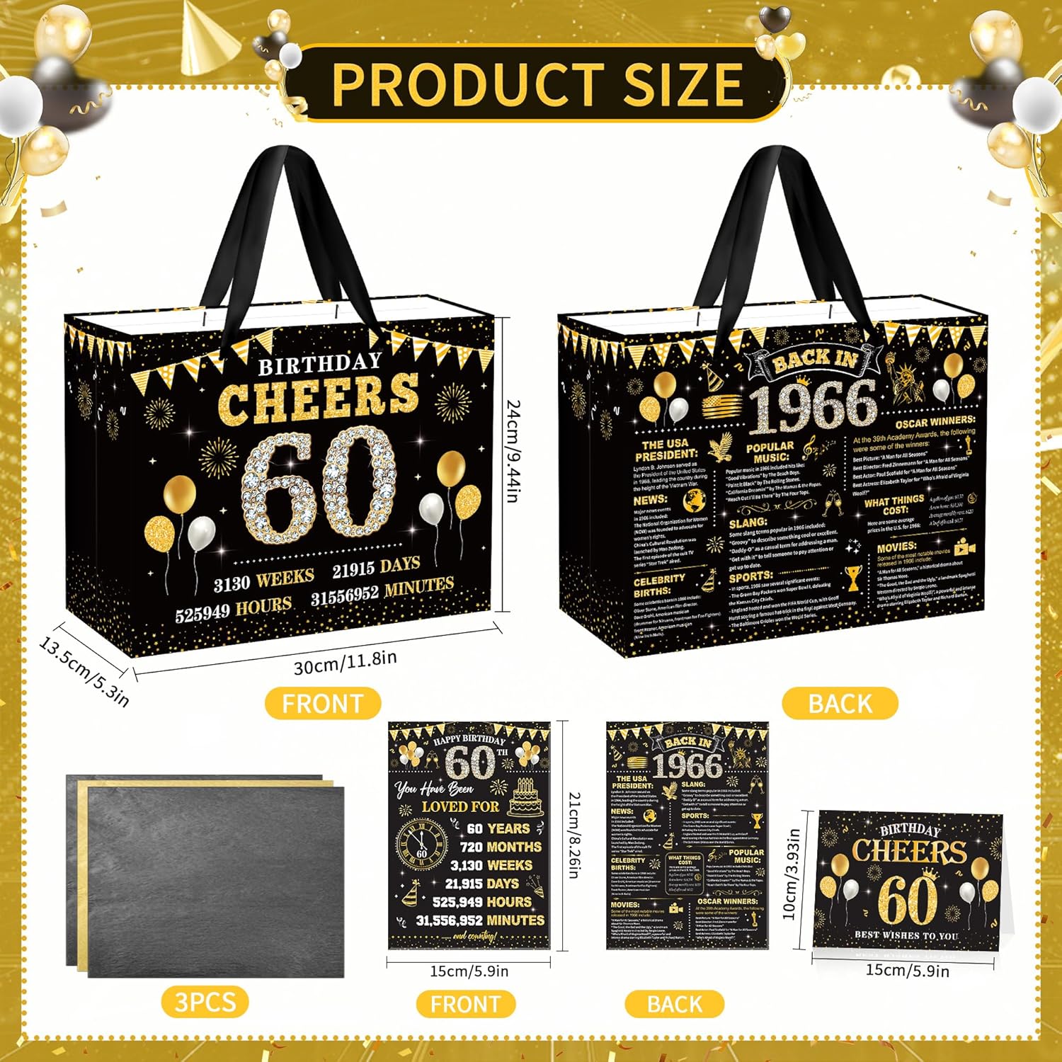 EoBeCy 60th Birthday Gift Bags for Men Women, Back in 1966 Gift Bag with Tissue Paper, Poster and Greeting Card, Black Gold Wrapping Paper for 60 Year Old Birthday Decorations - Image 3