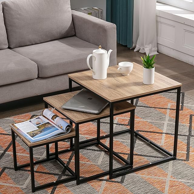 Nest Coffee Table 3 in 1 set Compact Modern Design for Space Saving for Any Room (Natural)