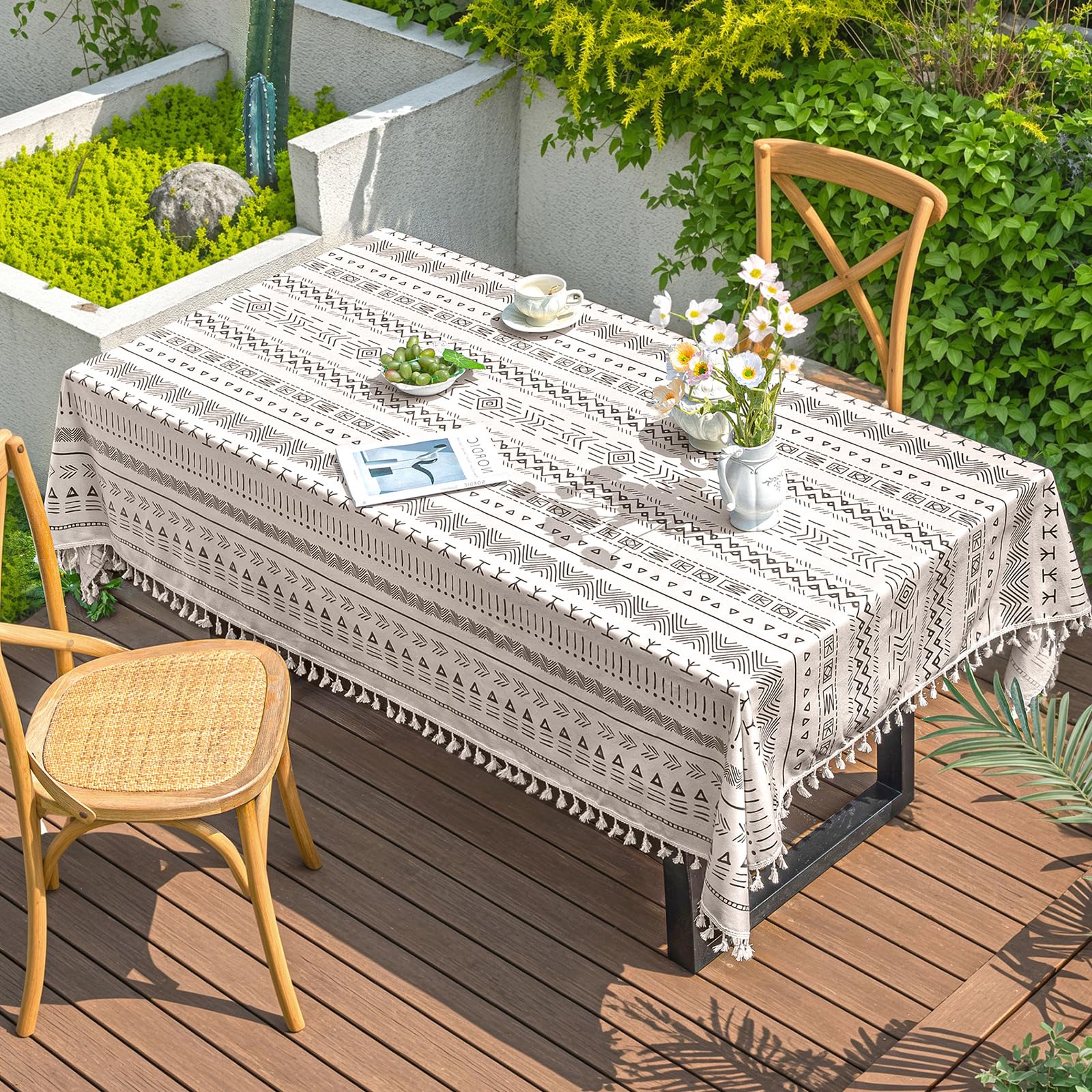Boho-Tischdecke Aus Baumwollleinen – Wasserfest, Mit Quasten, Grün-blaues Streifenmuster, 140x140 Cm Baumwollleinen Tischdecke