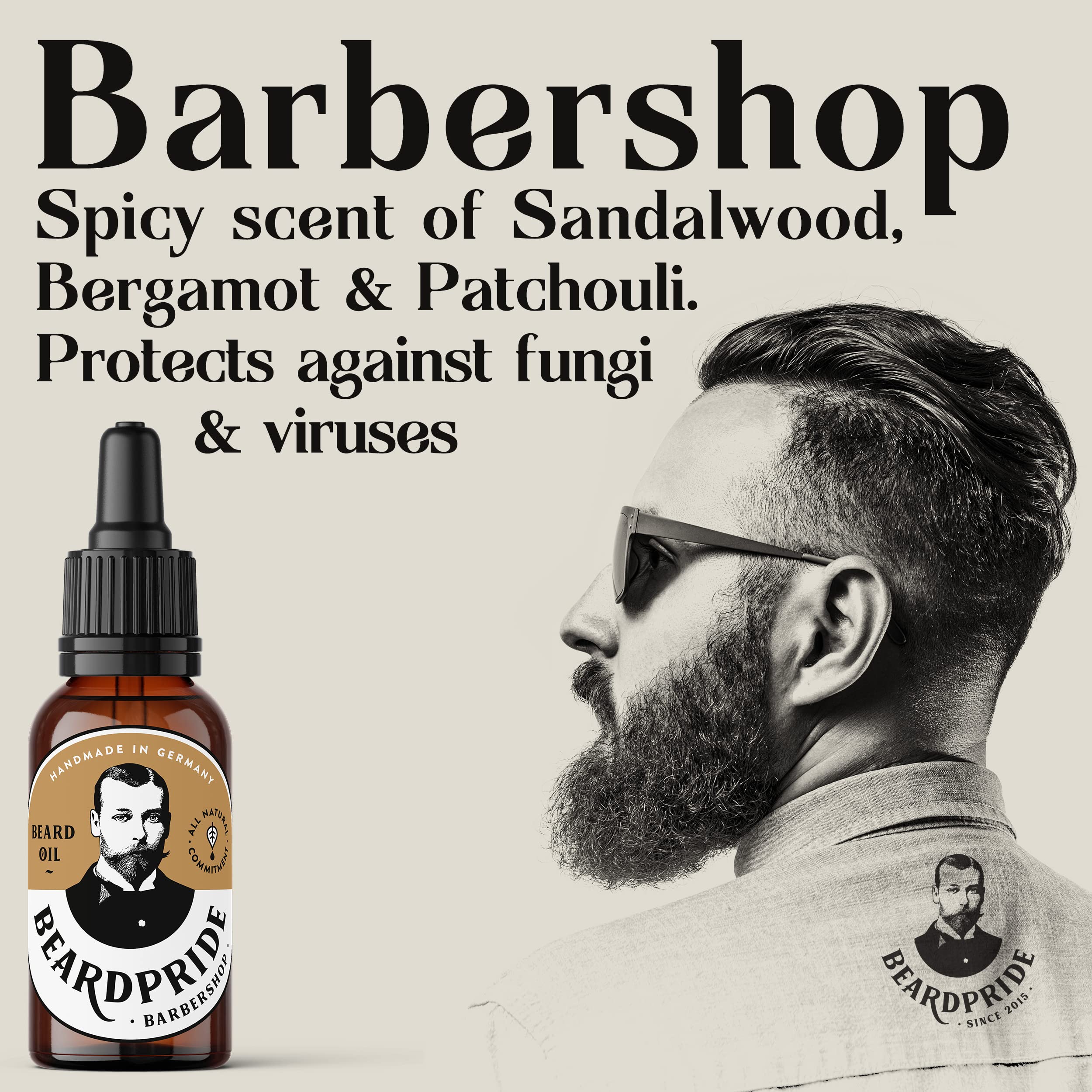 BEARDPRIDE Huile à barbe pour hommes - Barbershop Oil - L'huile à barbe originale du barbier - Notre huile à barbe rend la barbe douce - Huiles 100% naturelles - huile à barbe pour hommes