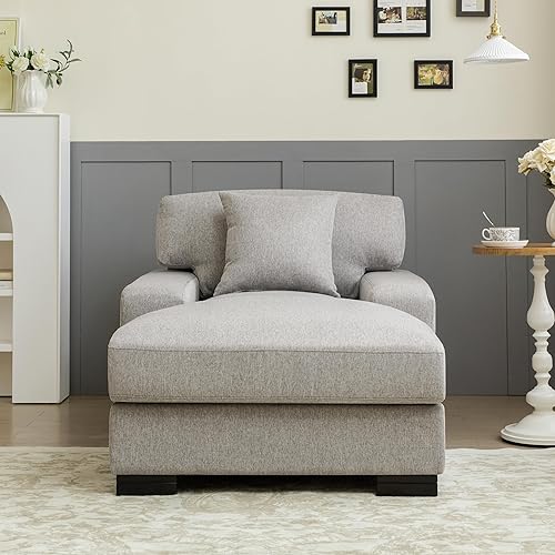 Miniatura 3 de Sofá cama moderno de mediados de siglo para interiores de gran tamaño con almohada y patas de madera sólida, aspecto elegante y tela de lino. (Gris