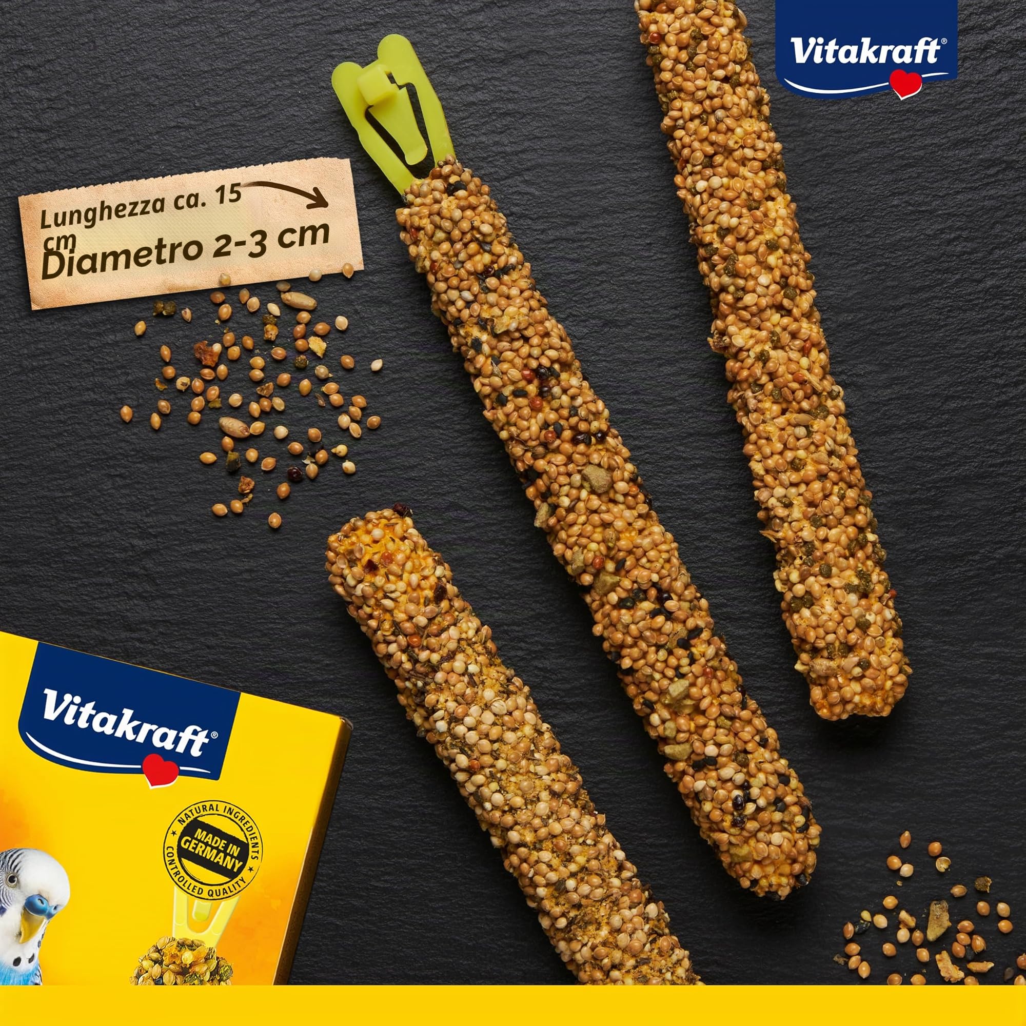 Vitakraft Kräcker Mix, snack uccelli, per pappagallini ondulati, bastoncini da masticare, con erbe aromatiche e peperone, con kiwi e limone, con banana e sesamo, senza zuccheri aggiunti (1x 90g)