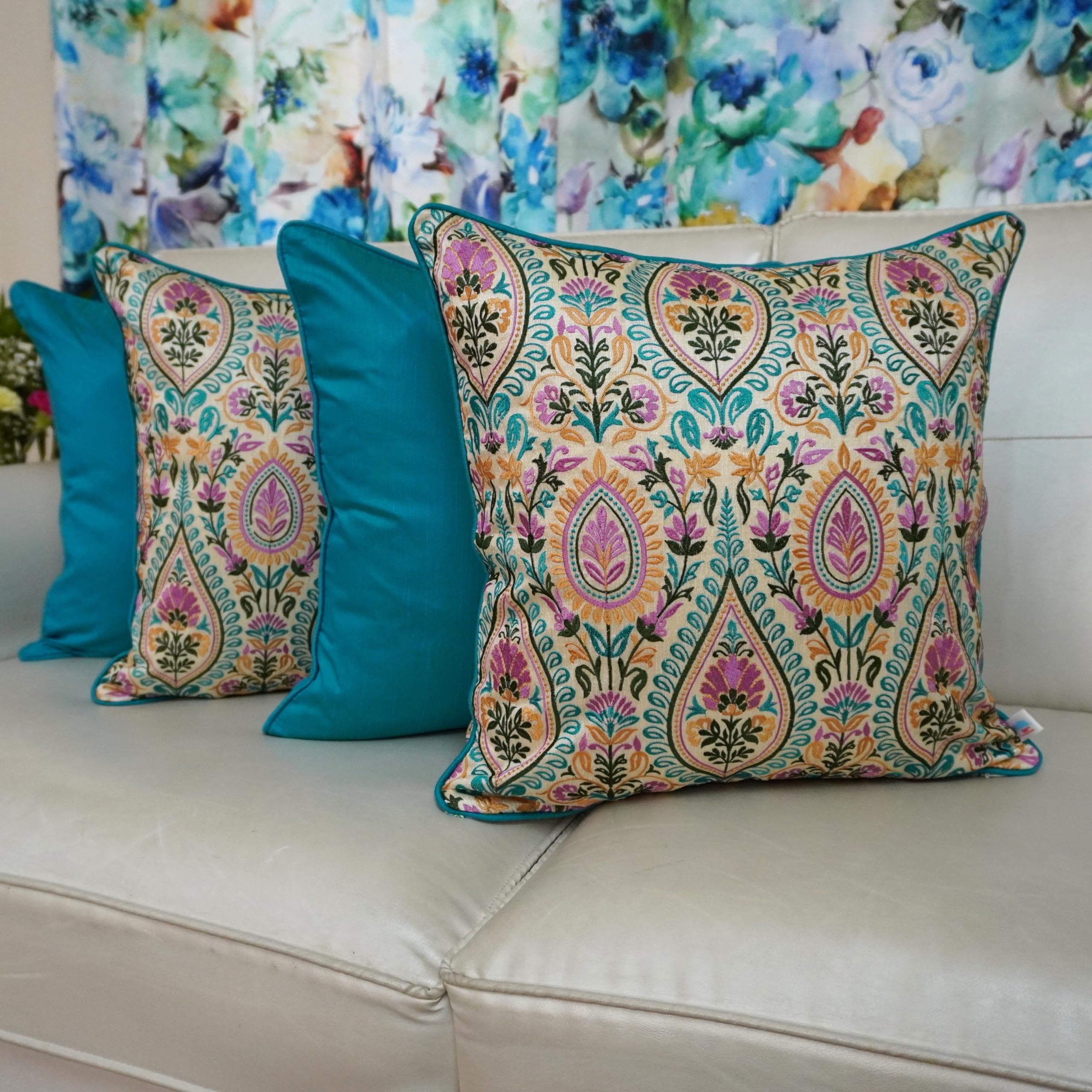 TARA- Sparkling Homes Embroidered Cushion Cover 18 inch x18 inch Set of 4 in Texture Cotton Silk- Floral Paisley with Color pops (18 x 18 Inches, Aqua Blue)-picture-22