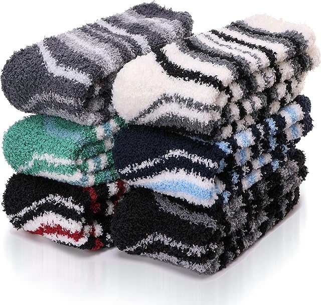 Fluffy Slipper Socks for Men & Women Non Slip Bed Cosy Winter Cabin Warm Thick Anti Skid Hospital Fleece Fuzzy Socks Christmas Adult Gift 6 Pairs