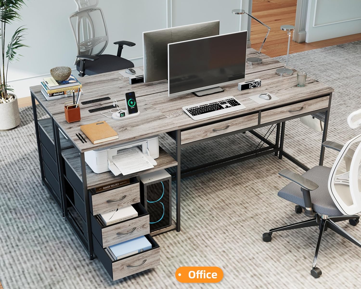 YOSHOOT 60" Computer Desk with 5 Fabric Drawers - Gaming Desk with Storage and Power Outlets, Home Office Desk for Adults and Teenagers Working Writing Study, Grey