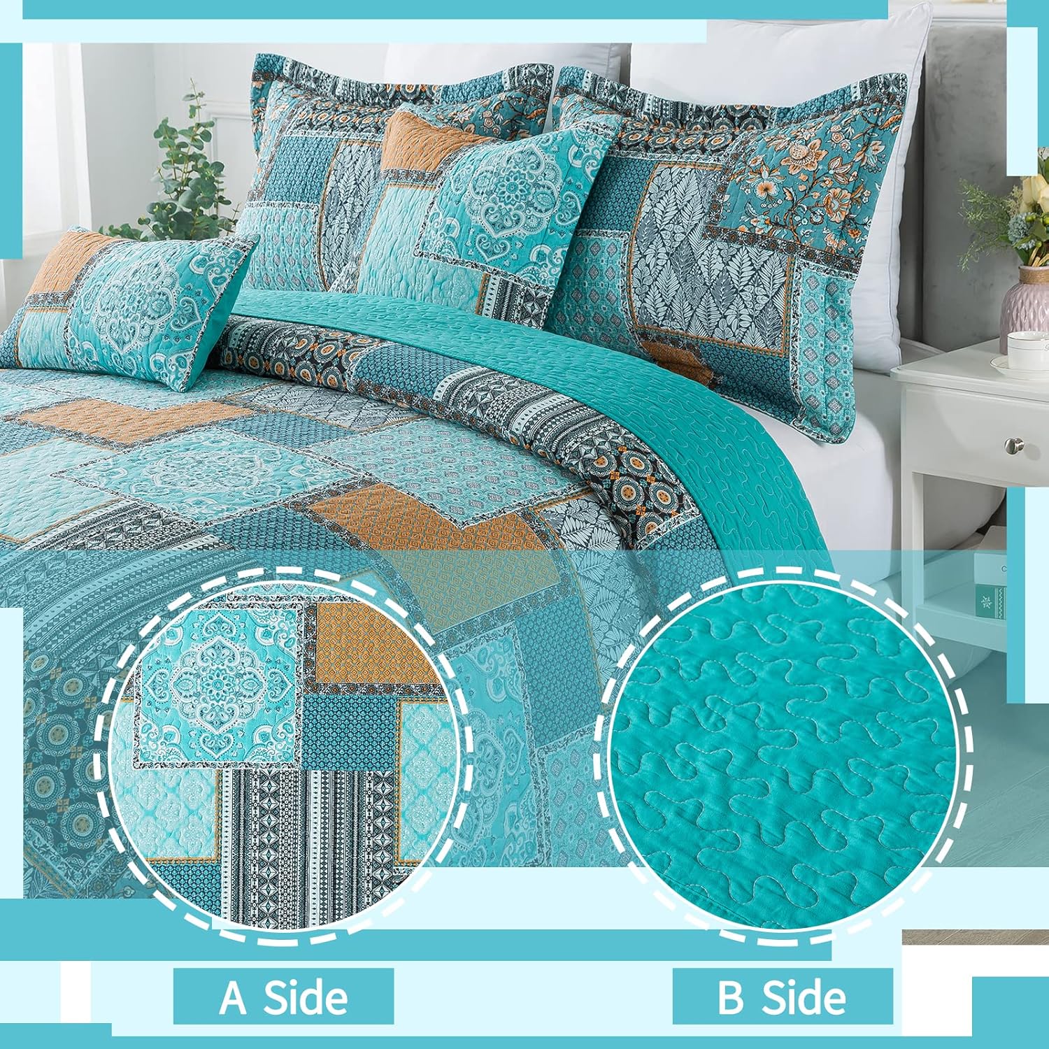 VAPUTAR King Size Quilt Bedding Set - Boho Bedspread Quilts King Size for Bed Decor,3 Pieces Farmhouse Bedding Sets for Home Bedroom All Seasons