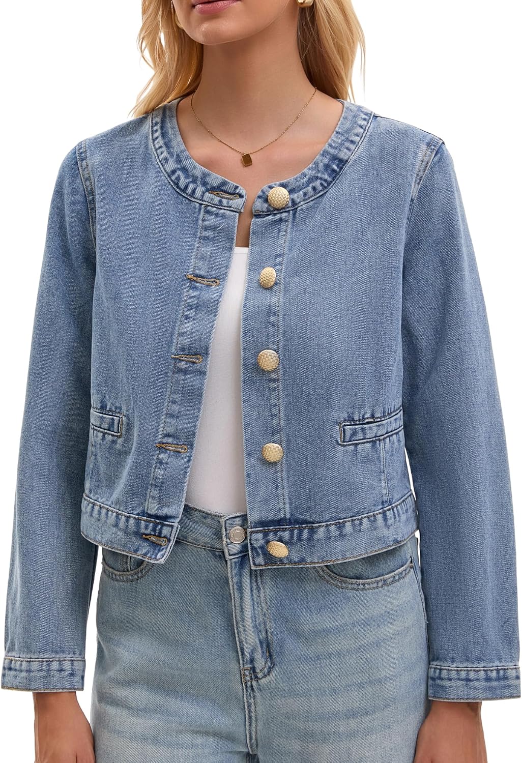 Women's Collarless Denim Jacket Long Sleeve 2026 Button Down Jean Jackets