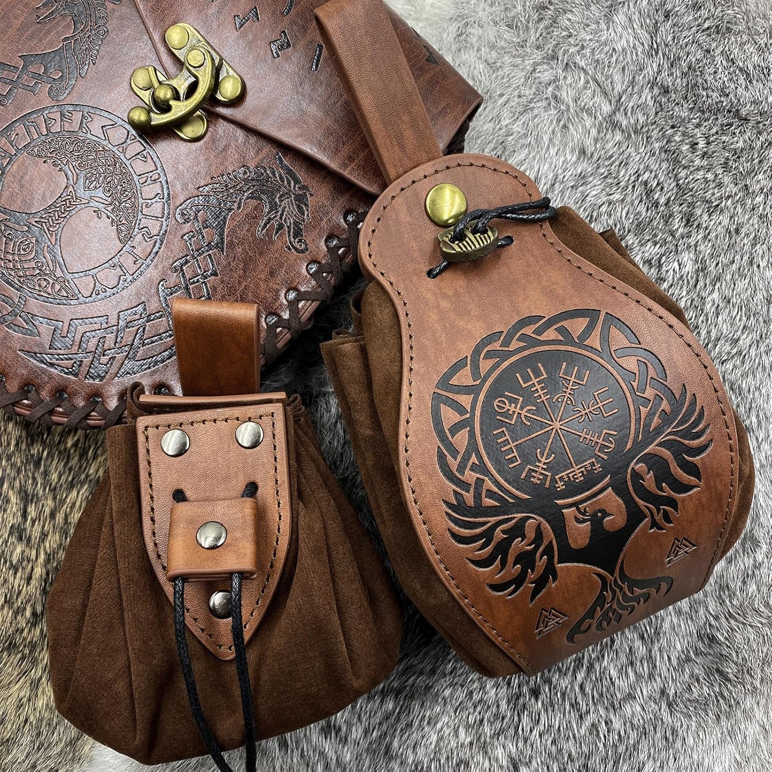 3 PCs Medieval Faux Leather Belt Bag Set, Renaissance Drawstring Pouch Dice Bag, Vintage Side Pack Coin Purse for LARP (Brown A) - Image 5