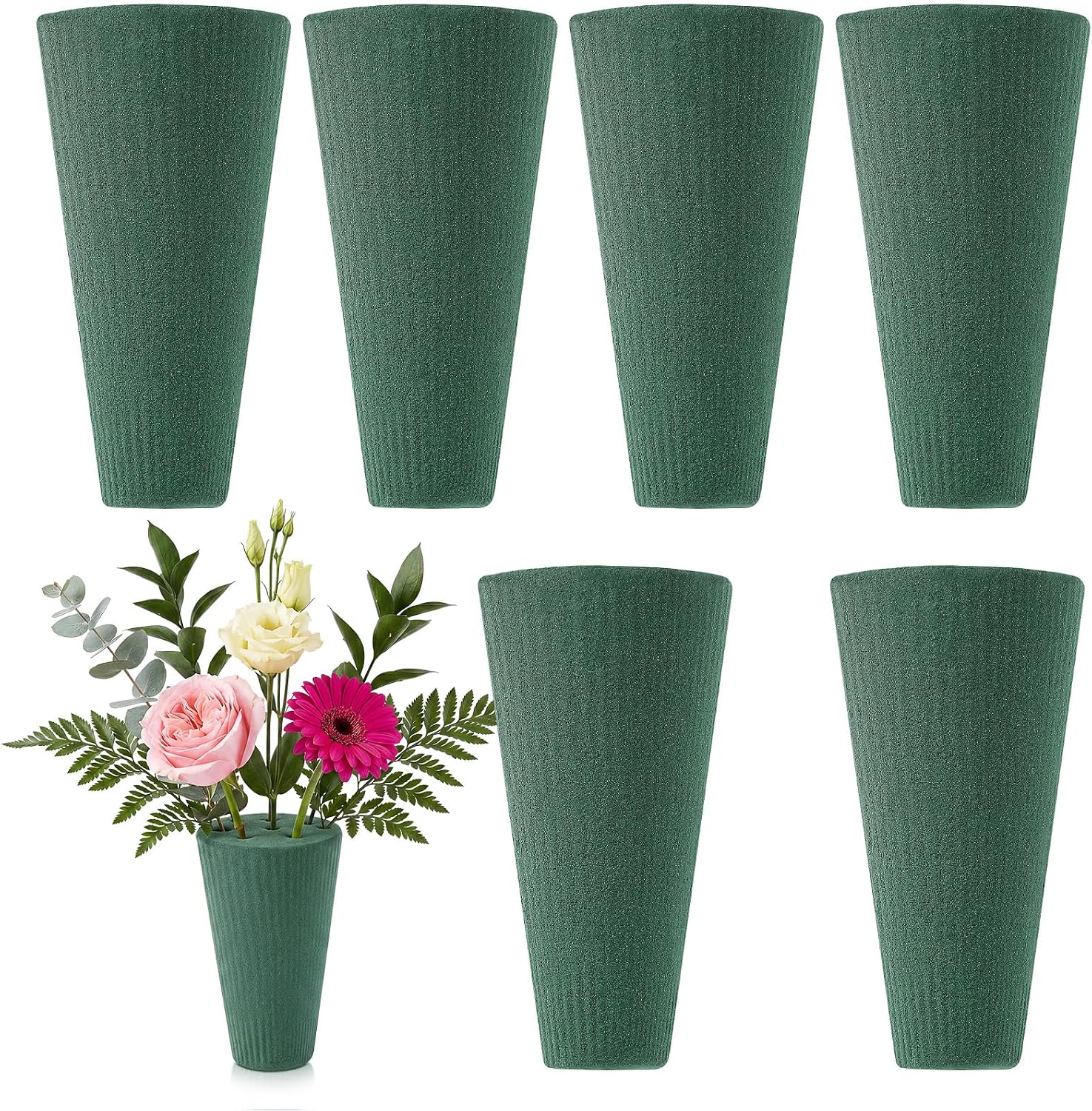 Shihanee 6 Pcs Floral Foam Cones for Artificial & Fresh Flowers, 4.72 x 2.8 Inch Wet & Dry Green Foam Blocks for Cemetery Vase Inserts, Wedding Centerpieces, and DIY Flower Arrangement Supplies