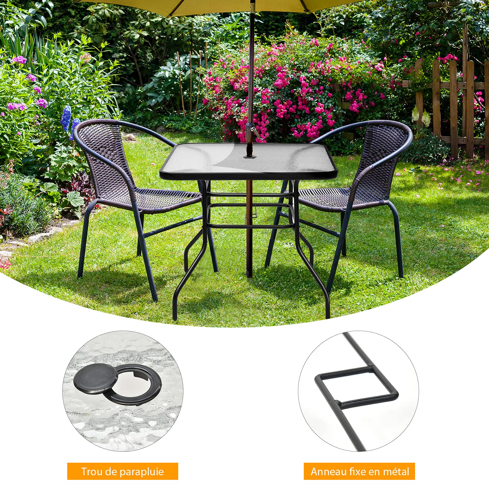 GYMAX Table de Jardin avec Trou de Parasol, Table Extérieur en Verre Trempé, Cadre en Métal, Forme Carrée 81 x 81 x 71 CM, Capacité 80 KG