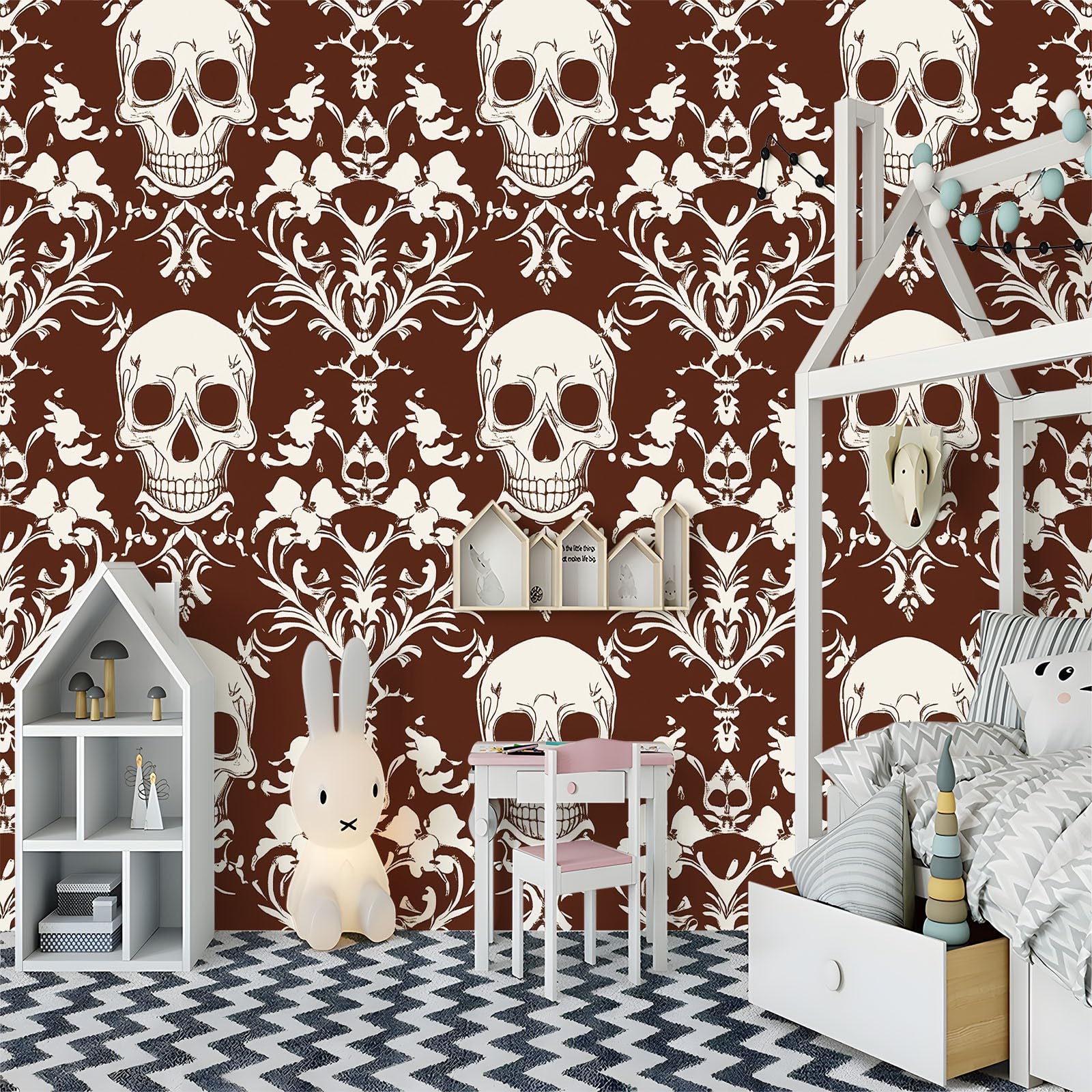 350 x 256 cm, fototapeta z efektem 3D, gotycka czaszka kwiatów, fototapety do salonu, sypialni, tapeta na flizelinie, tapeta ścienna, szara