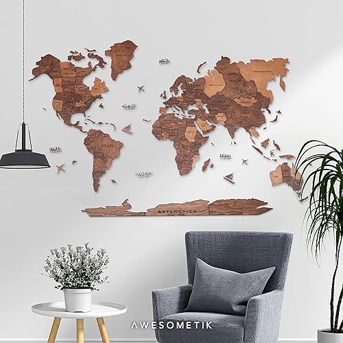 Miniatura 5 de AWESOMETIK Mapa del mundo de madera 3D de roble, mapa del mundo 3D, fácil instalación con cinta de doble cara, incluye complementos, madera