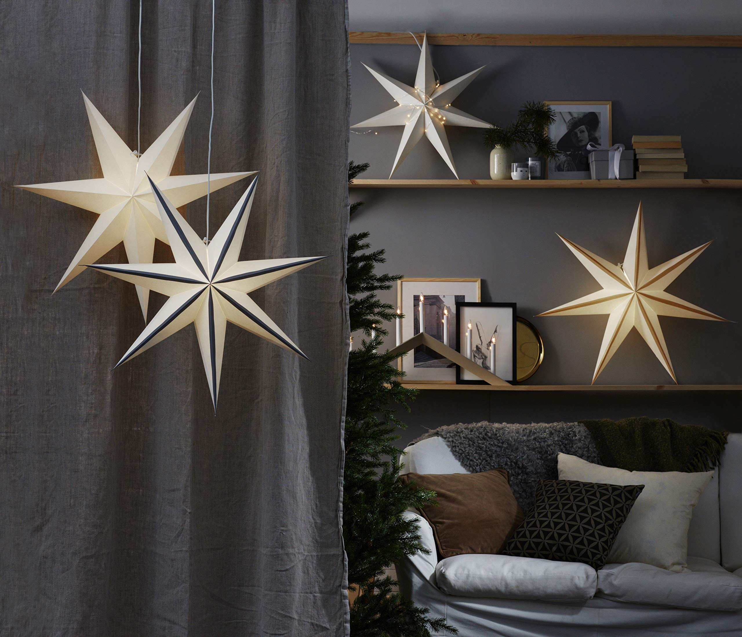 Fensterleuchter Arrow von Star Trading, Kerzenständer mit 7 Glühbirnen E10 warmweiß, Weihnachtsdeko aus Holz in Beige, Kabelschalter, Länge: 69 cm