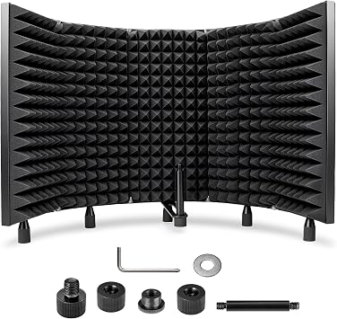 CAHAYA Microphone Isolation Shield Foldable - Mic Shield for Clear Recording Sound Absorbing Foam Reflector with 3/8" and 5/8" Mic Adapter Recording Equipment, Podcasting, Streaming, Home Studio Black