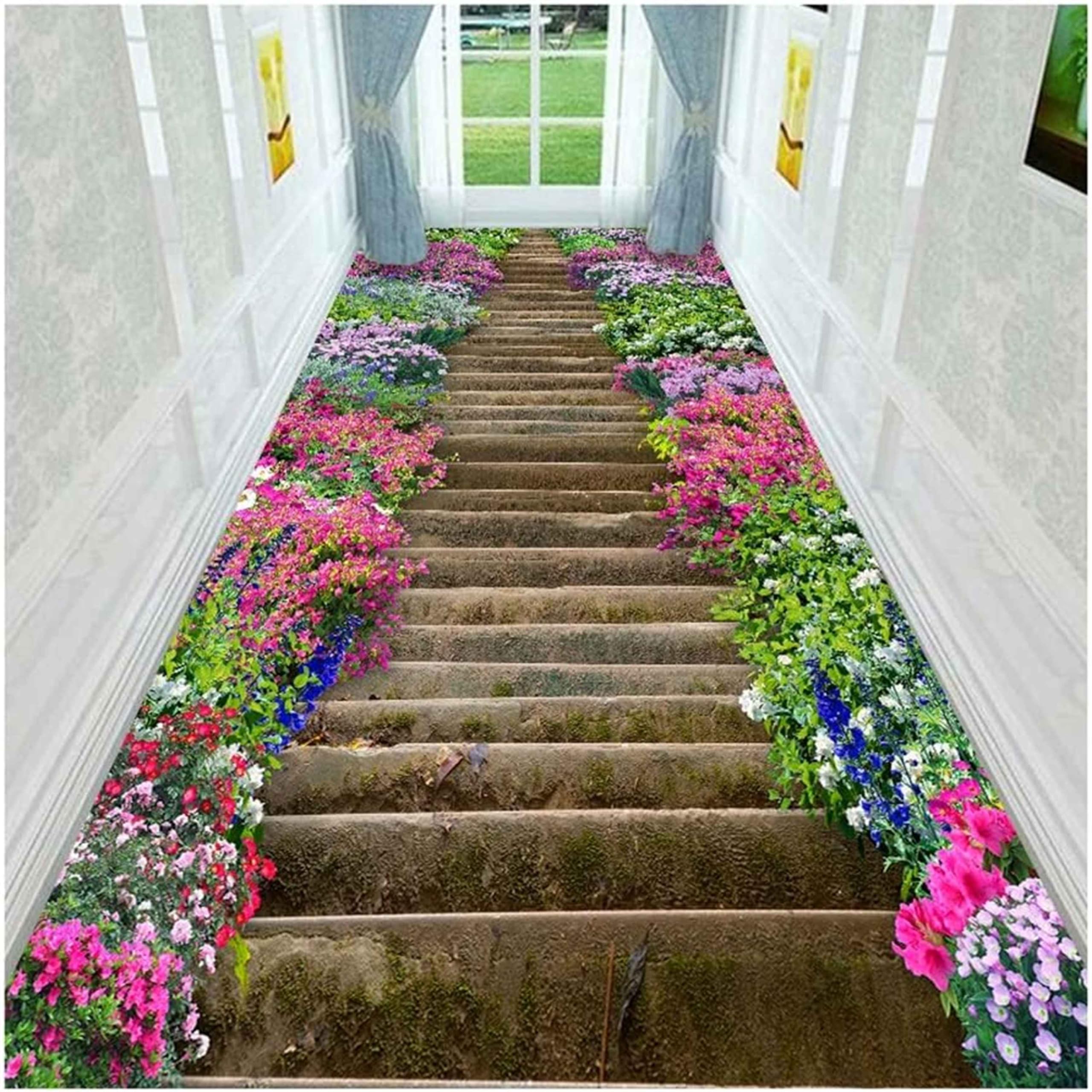 Runner Rug for Hallway, 1.3x7ft, Creative 3D Optical Illusion Stone Steps and Multicolor Floral Carpet, Contemporary Easy to Clean Non-Slip Area Rugs