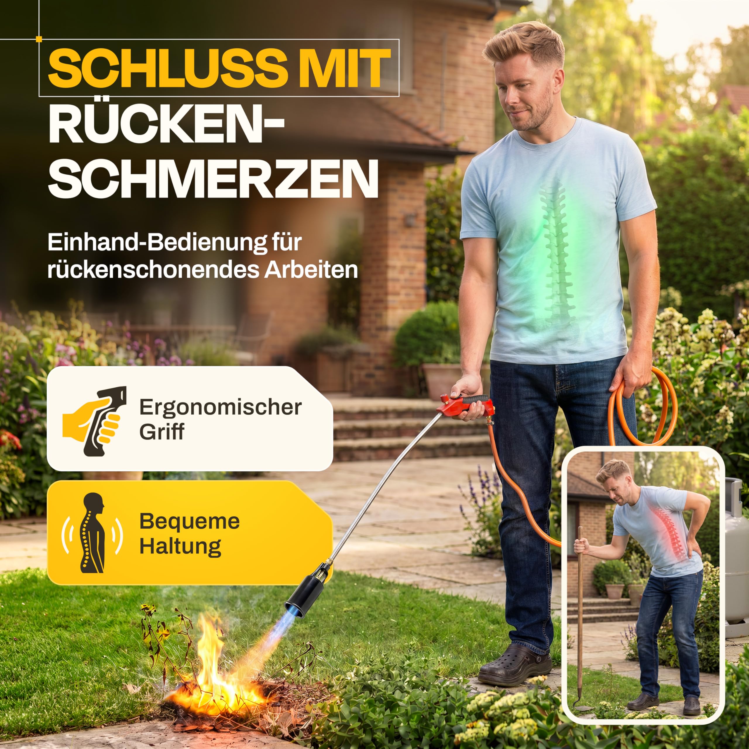 Unkrautbrenner Gas 2-in-1 – Abflammgerät mit Piezozündung für Gaskartusche & Gasflasche - bis 1.500 °C – stufenlose Flammenregelung – chemiefreie Unkrautentfernung für Garten & Hof