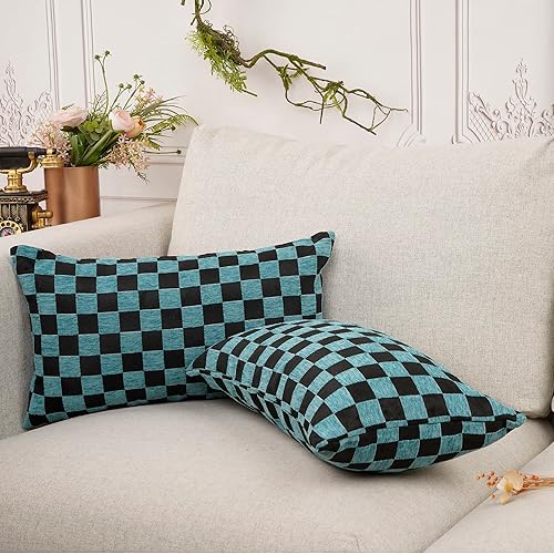 Miniatura 2 de YOUR SMILE Juego de 2 fundas de almohada decorativas de felpilla a cuadros de granja, para sofá, banco y sofá (12 x 20 pulgadas, verdenegro)