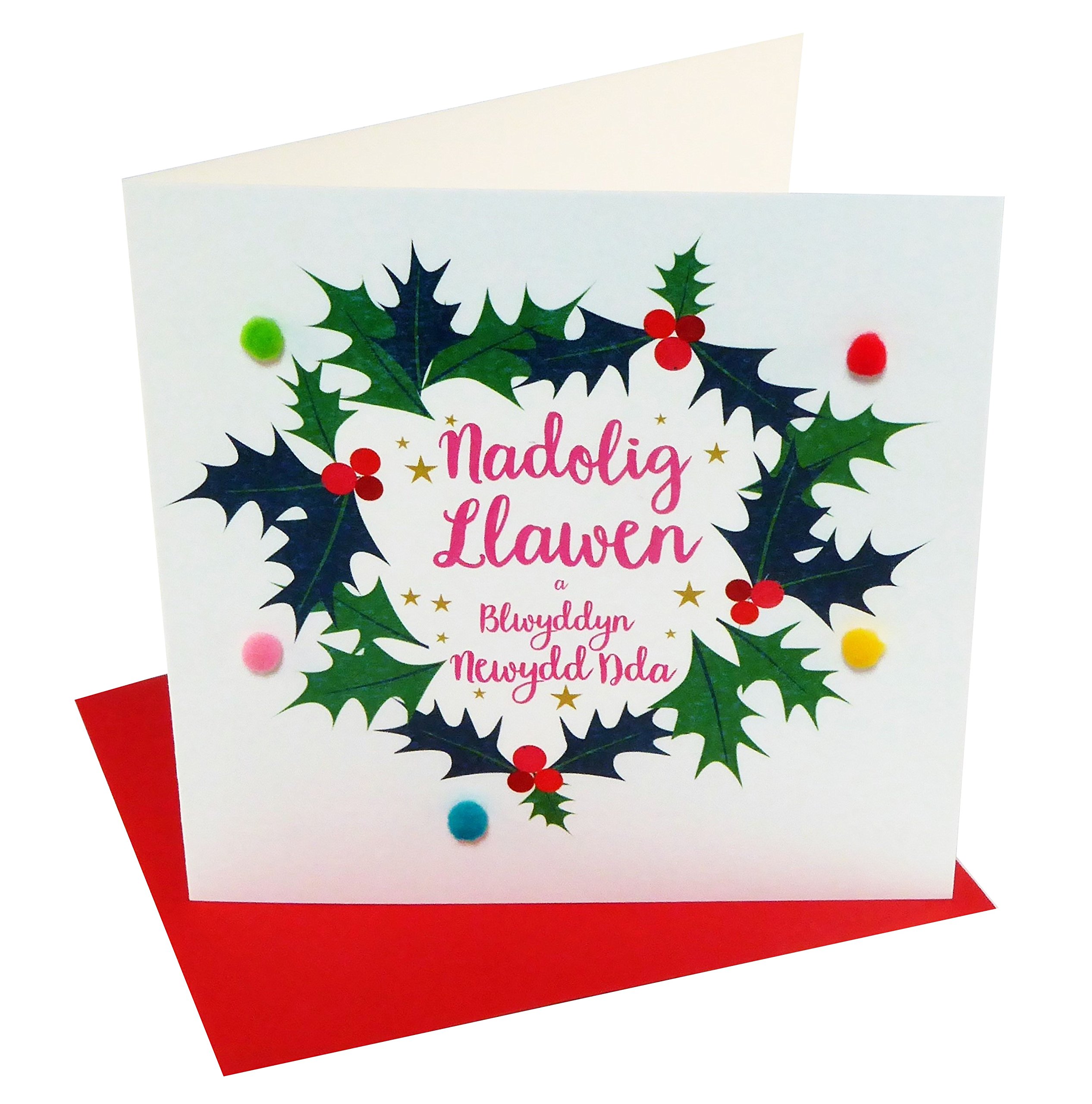 Claire Giles Greeting Cards, Welsh Happy Christmas Card, Nadolig Llawen, Holly Wreath Design Xmas Greeting Card, Embellished with Colourful Pompoms