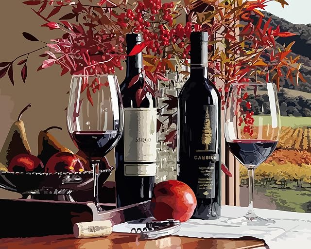 TISHIRON DIY Paint by Numbers for Adults, Red Wine Painting by Numbers, Fruit Adults Paint by Numbers, 16x20 Inch Painting by Number with Brushes Acrylic Pigment, Arts Craft Frameless