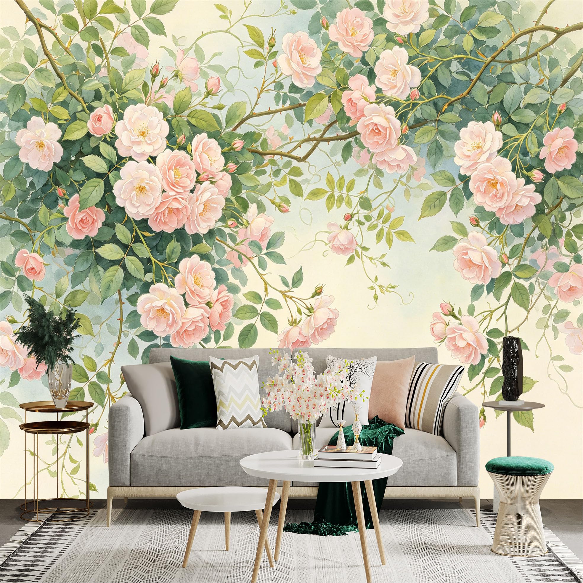 Lnzczhyre Dbh260521487 Custom Size Wall Sticker Mural， Watercolor Pink Rose Blooms， Romantic Floral Branches， Soft Botanical Garden， Elegant Bloom Art， For Wall Decoration， Peelandstick Wall Decals.