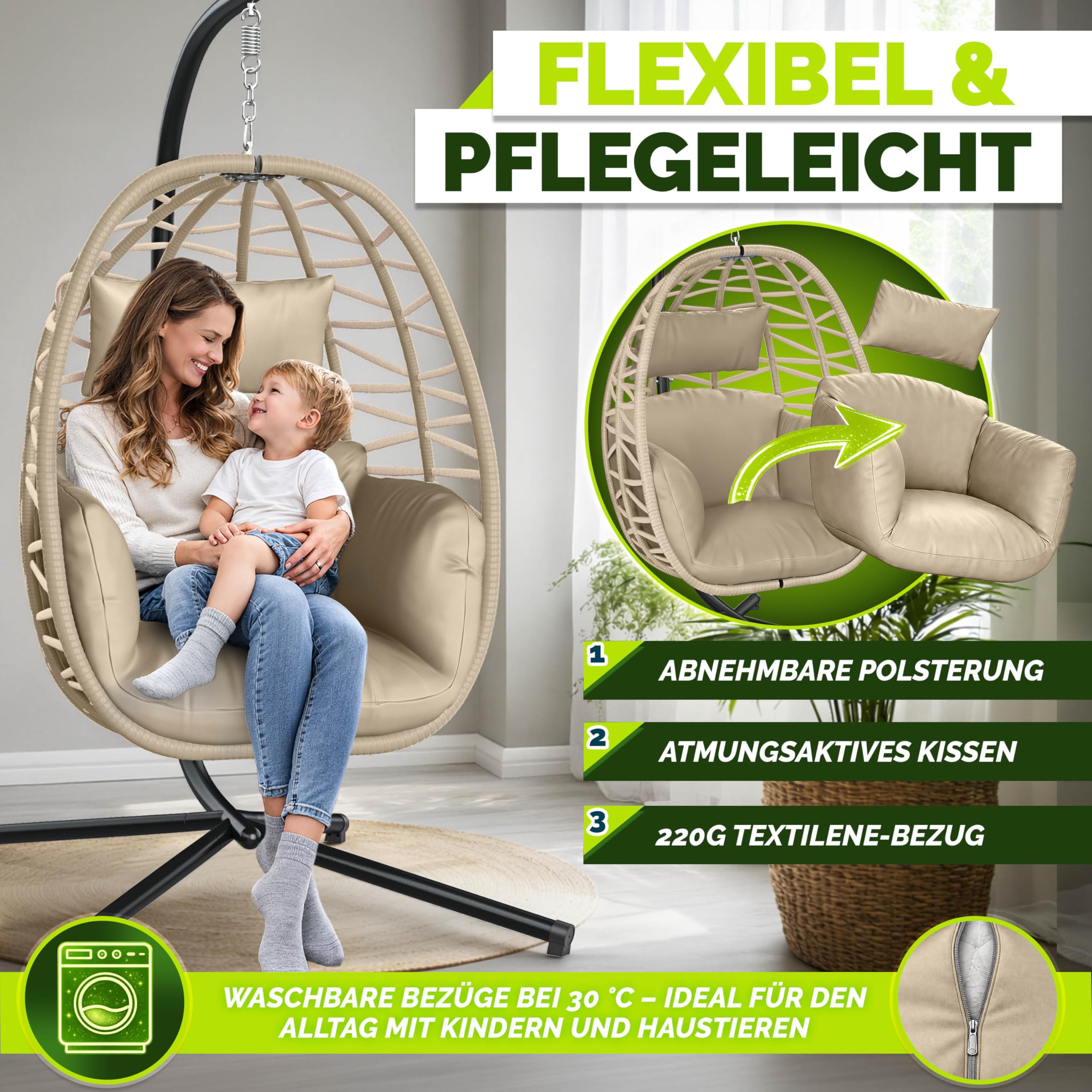 tillvex® Hängesessel mit Gestell Outdoor & wetterfester Abdeckung inkl. Befestigung | Hängekorb klappbar bis 150 kg | Hängesitz aus Rattan | Hängestuhl für Indoor Garten Balkon Terrasse (Taupe)