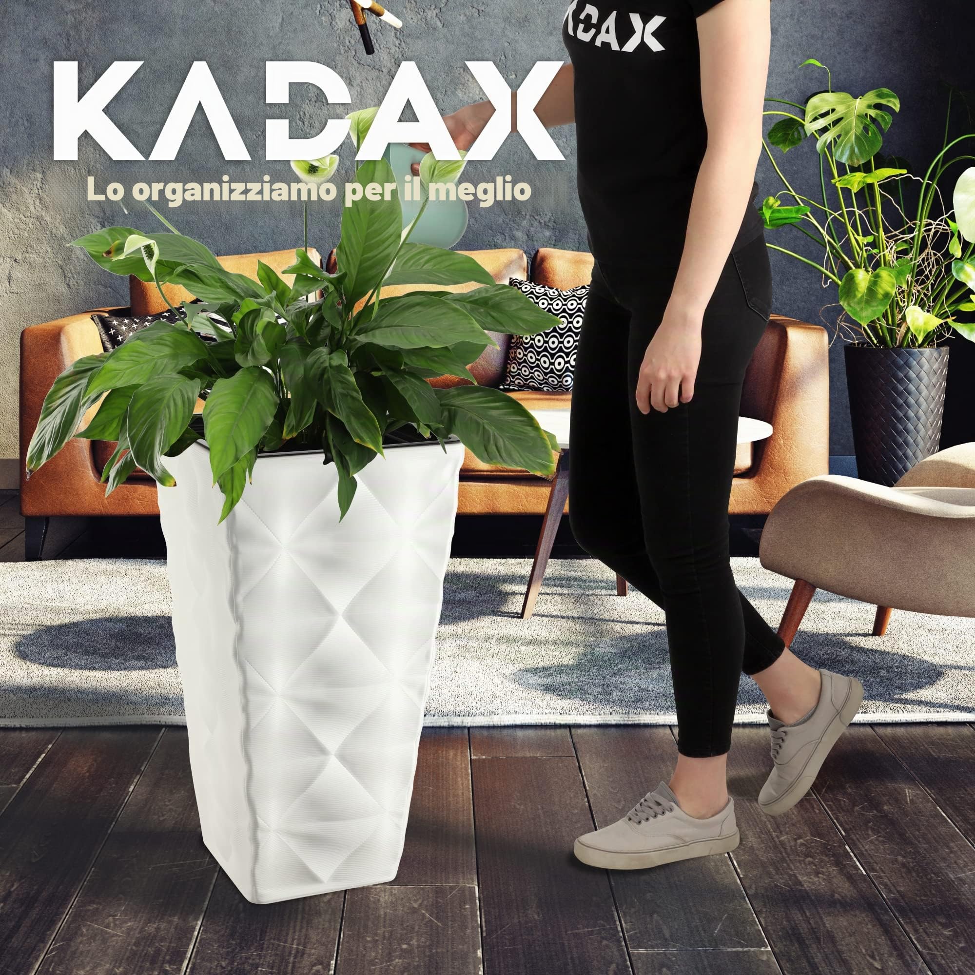 KADAX - Vaso alto in plastica con effetto 3D, grande vaso per fiori per uso interno ed esterno, vaso quadrato con inserto (bianco, 74,5 cm)