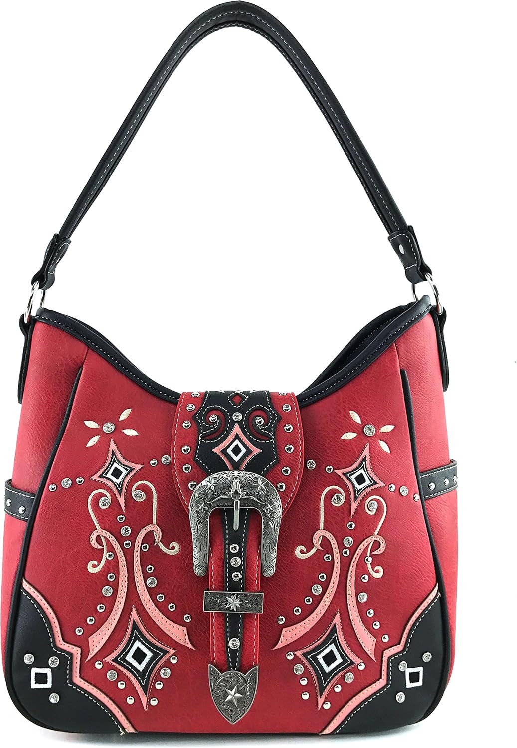 Justin West Western Floral Embroidery Studs Bling Rhinestone Buckle Shoulder Concealed Carry Handbag Purse (Red Tote)