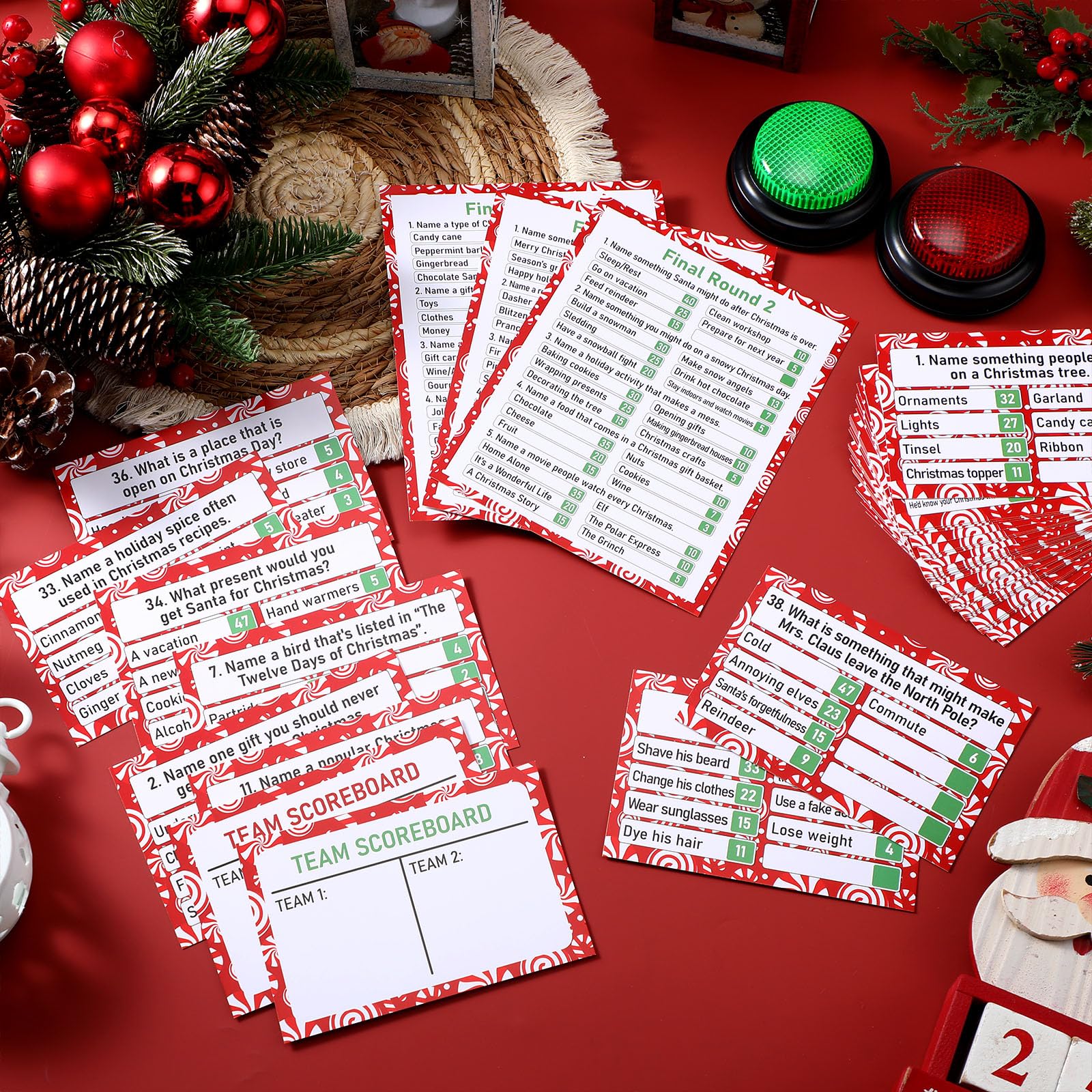 Vinsot Juego de 50 piezas de feudo con respuesta, zumbador, juego de fiesta de pelea de Navidad, divertido juego de preguntas familiares para vacaciones, fiesta de Navidad, oficina, grupos de adultos
