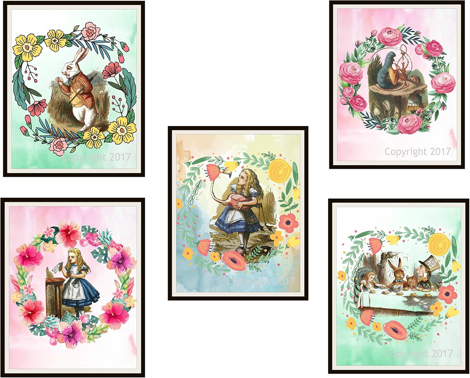 John Tenniel's Vintage Alice Art Print Set of 5 Wonderland Poster Wall Decor, 8 x 10" Unframed Printed Art Reproductions, White Rabbit, Alice, Tea Party, Original Nursery Print