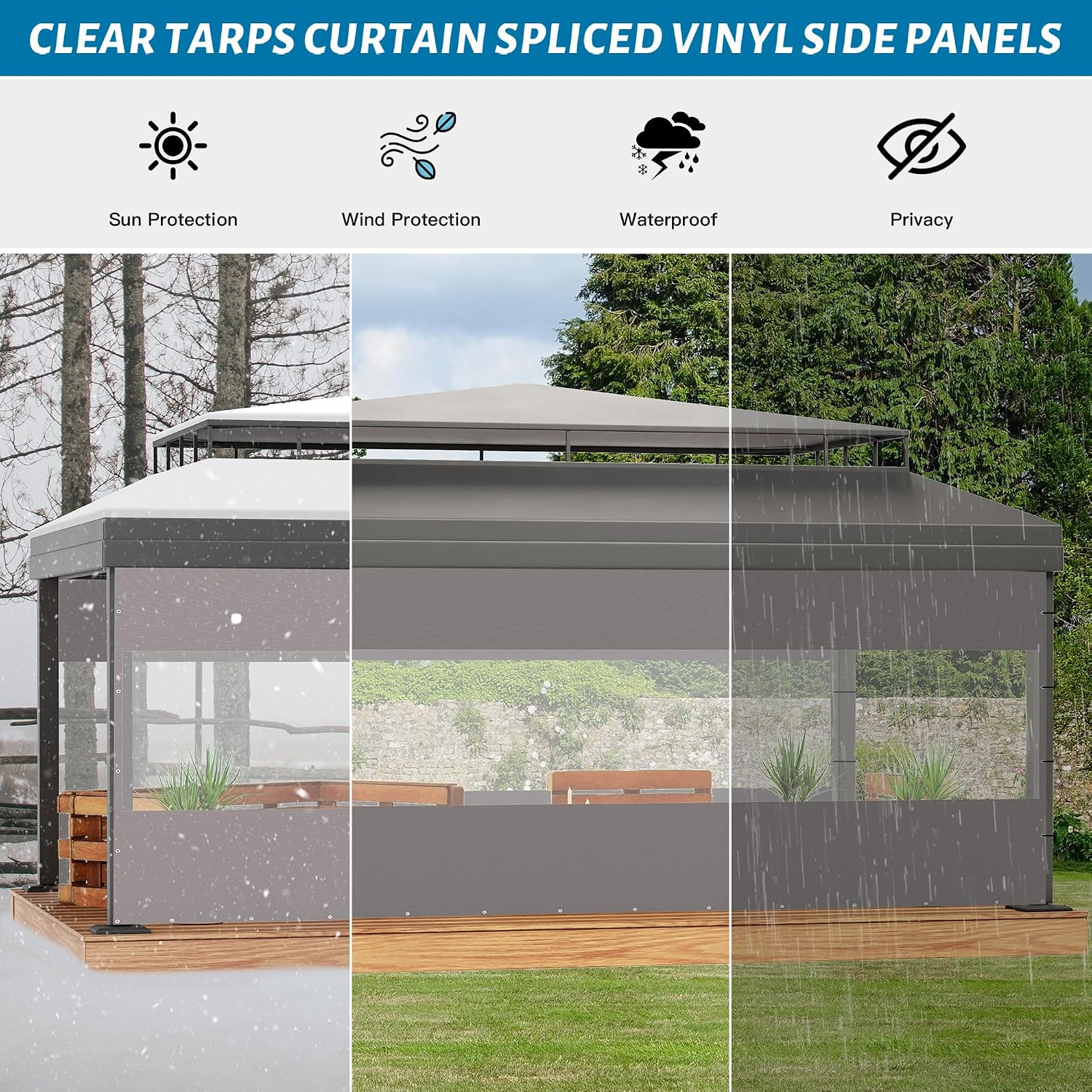 Domi Outdoor Clear Panel Curtain, 18 Oz Vinyl Curtains Weatherproof with Rustproof Grommets, Transparent Heavy Duty PVC Tarp Cover for Gazebo, Pergola, Patio Winter Protection(16'W x 8'H, Gray)