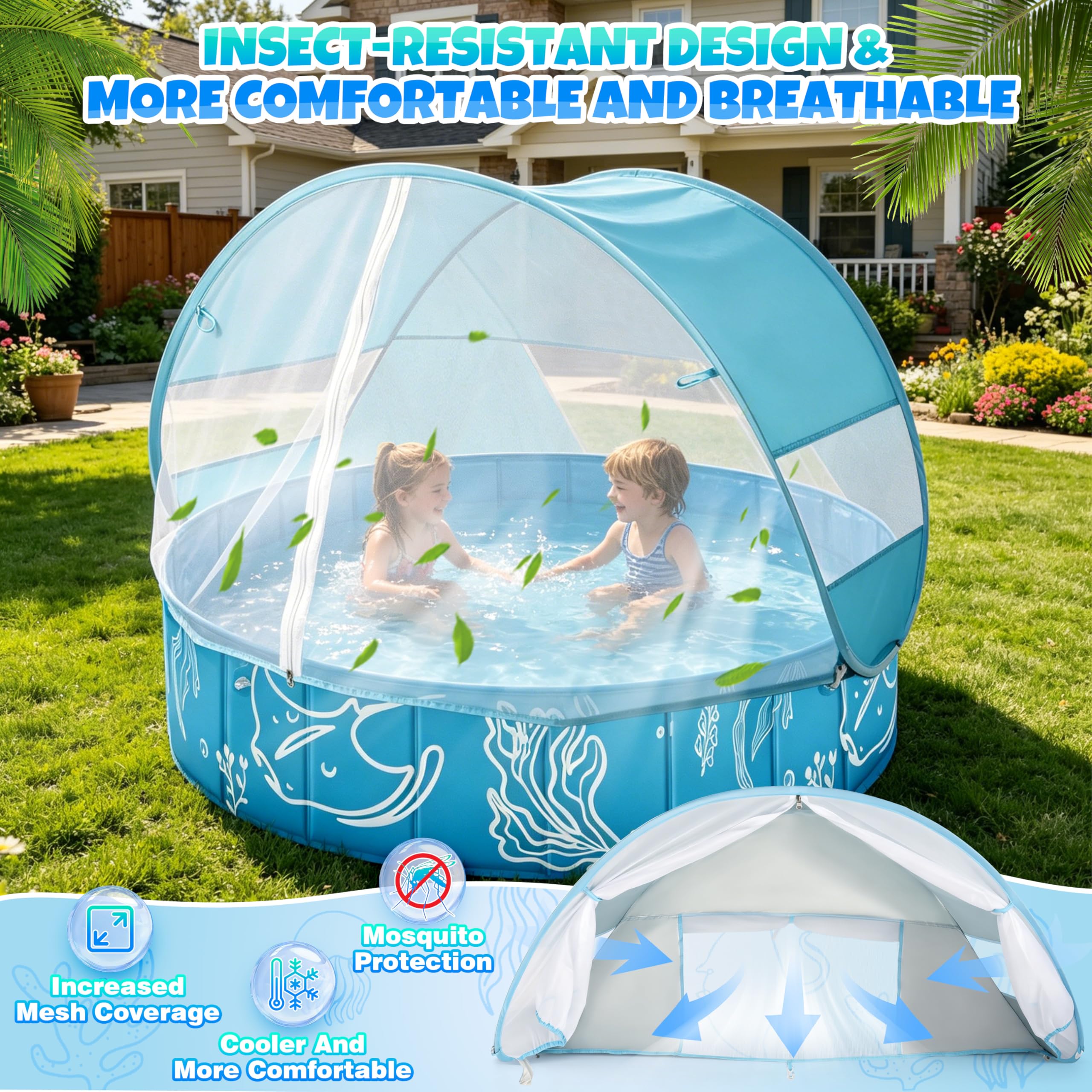 4-in-1 Pop Up Baby Planschbecken Groß, Strandmuschel Baby Bällepool mit UV Schutz SPF 50+, BabyPool mit Dach, Tragbare Spielzelt Bällebad für Picknick, Garten, Strand (120 * 30)
