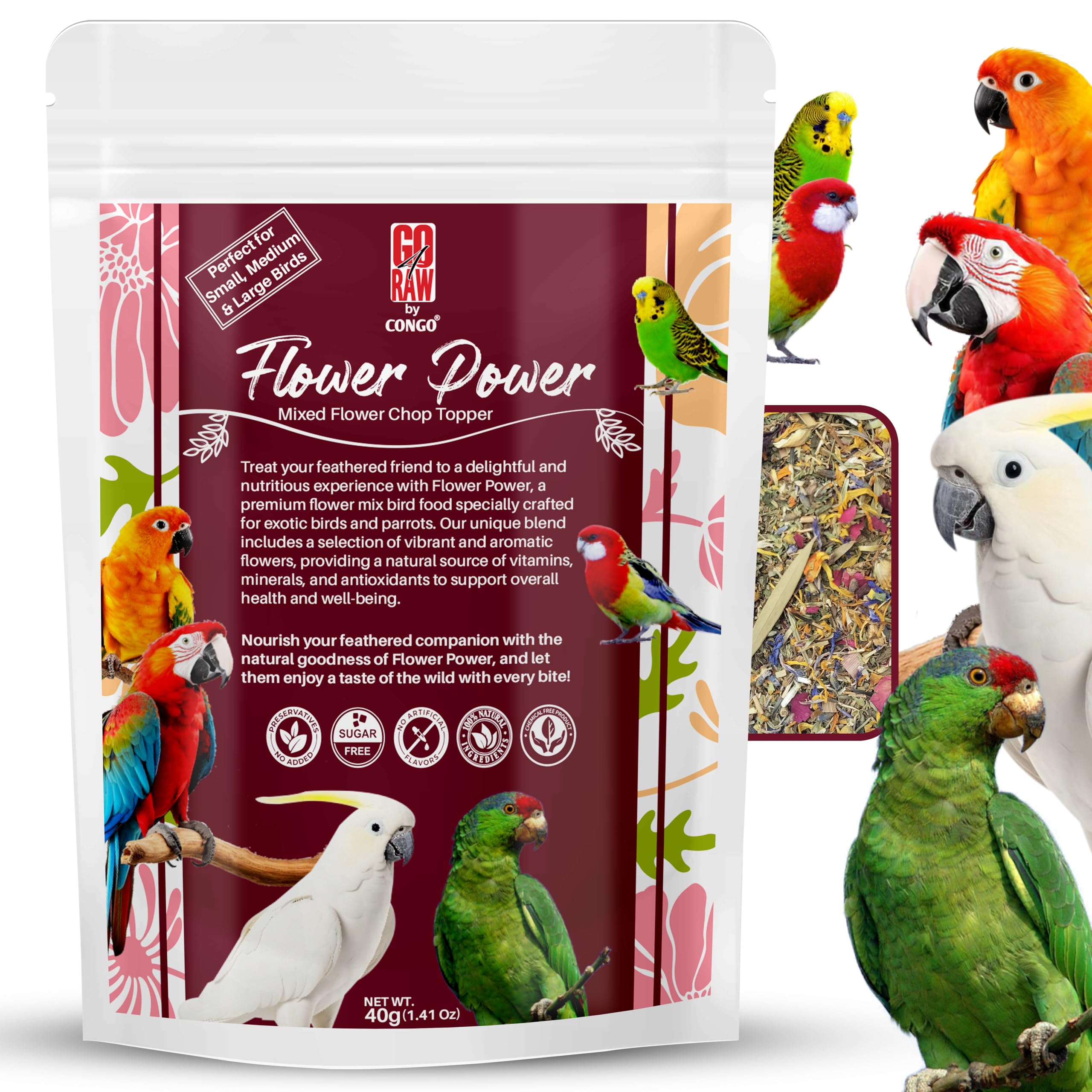 CONGO - NATURAL PARROT TREAT dry leaf Flower Power 20 Flower Mix Treat Food for All Life Stages Budgies, Finches, Cockatiels, Conure, Rosella, Amazon, African Grey, Cockatoos and Other Birds, 40g-picture-13