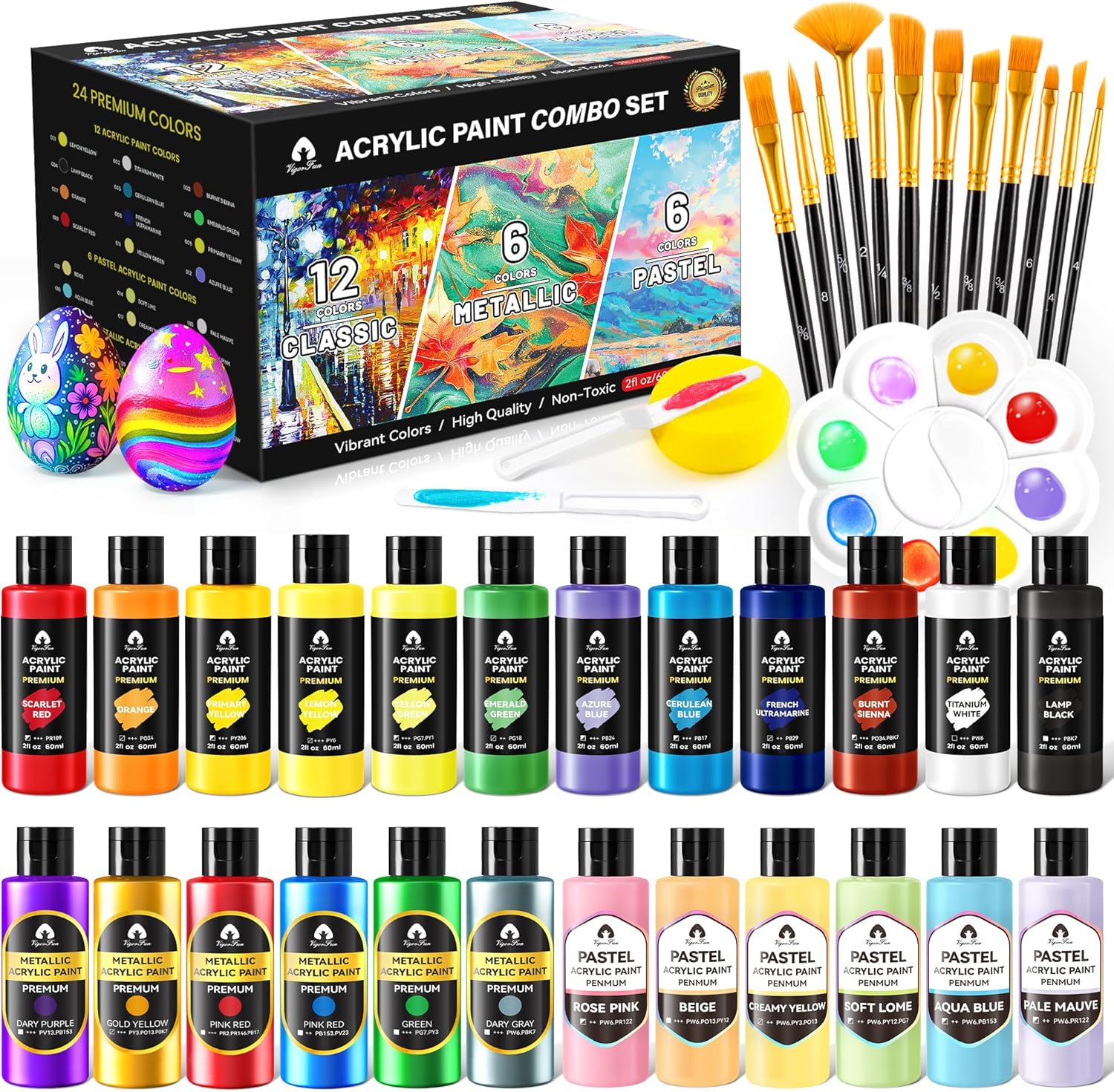 64 Pcs Classic & Metallic & Pastel Acrylic Paint Set with 12 Brushes, 2 Knives & Palette, 48 Colors (2oz/60ml) - for Adults, Kids, Artists & Beginners - Arts and Crafts Painting Kit