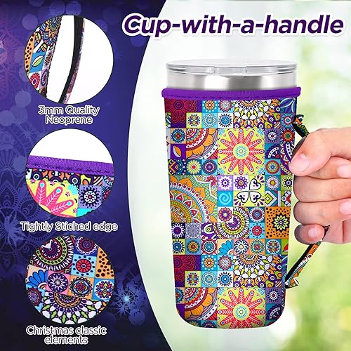 Miniatura 3 de 6 fundas reutilizables para taza de café helado, estilo mandala, flores, fundas aislantes de neopreno adecuadas para café frío caliente o bebida