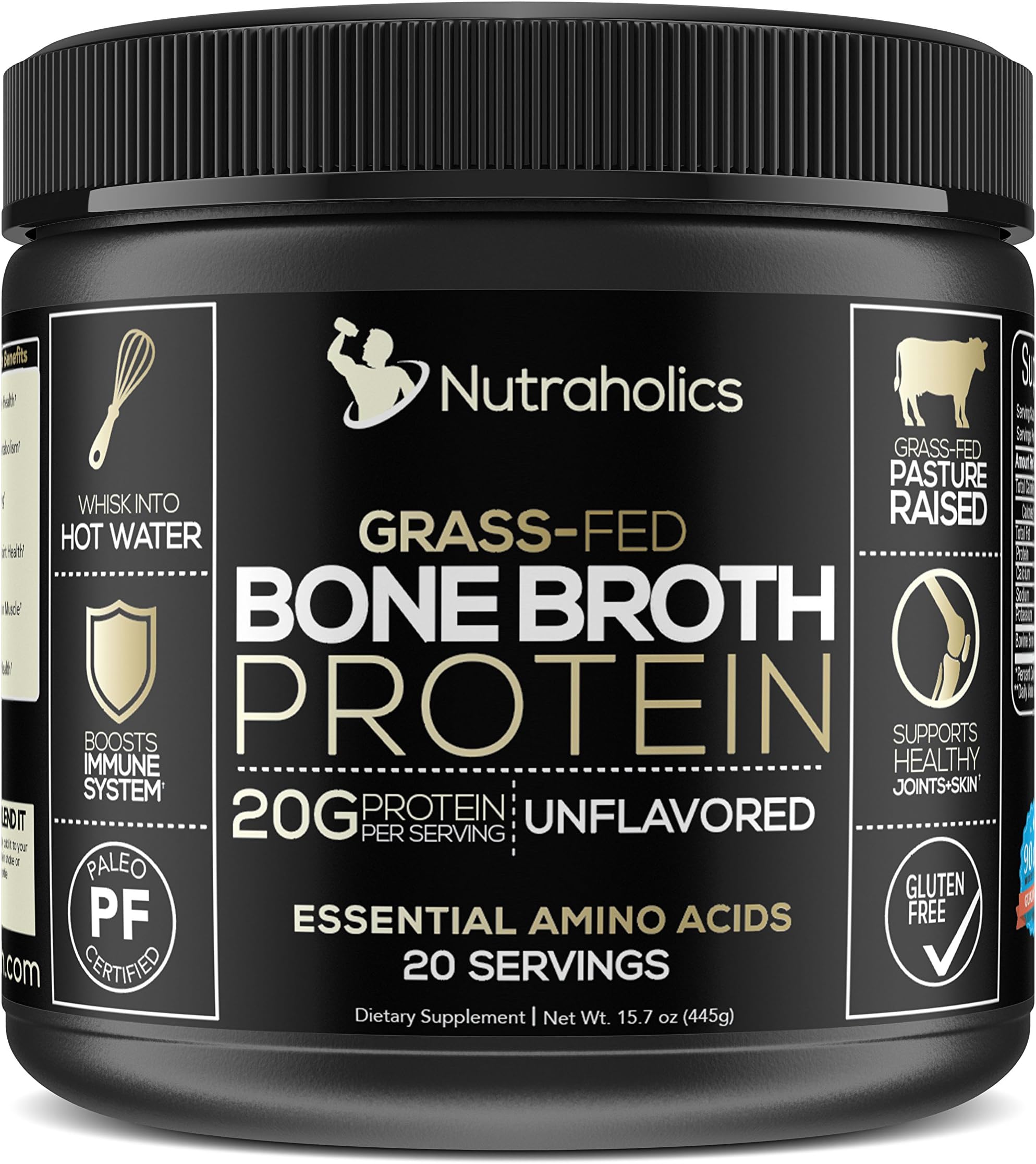 Bone Broth Protein Powder, Bovine Grass Fed Dietary Supplement, Certified Paleo and Keto Friendly | 20 Grams of Protein | Natural Flavor