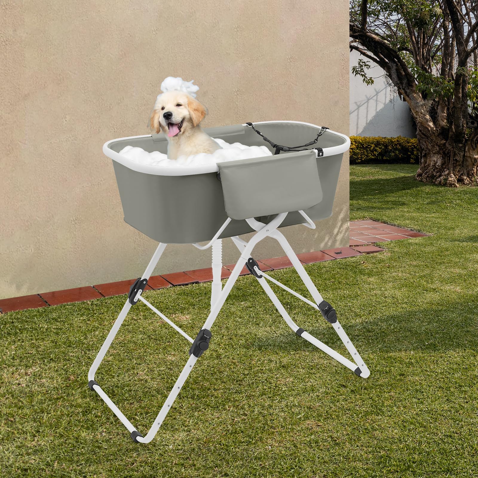 Hundebadewanne, Hundedusche für Kleine und Mittelgroße Hunde und Katzen, Badewanne mit Gestell, Erhöhte und Zusammenklappbare, Effiziente Entwässerung, Grau