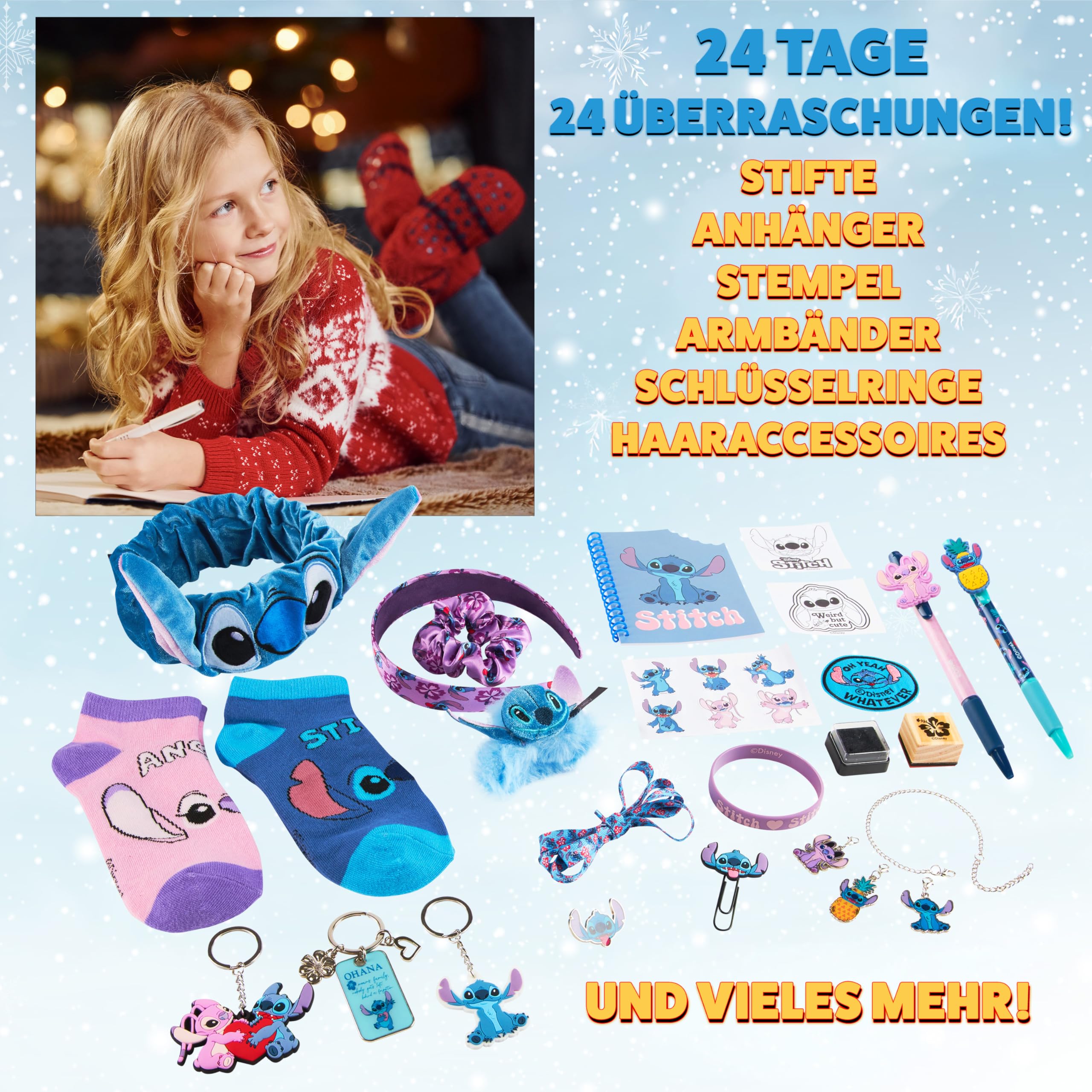 Disney Stitch Adventskalender 2025 Kinder Jugendliche Weihnachtskalender mit 24 Überraschungen Schreibwaren oder Haarschmuck Mädchen Geschenk Idee (Lila Stitch Würfel)