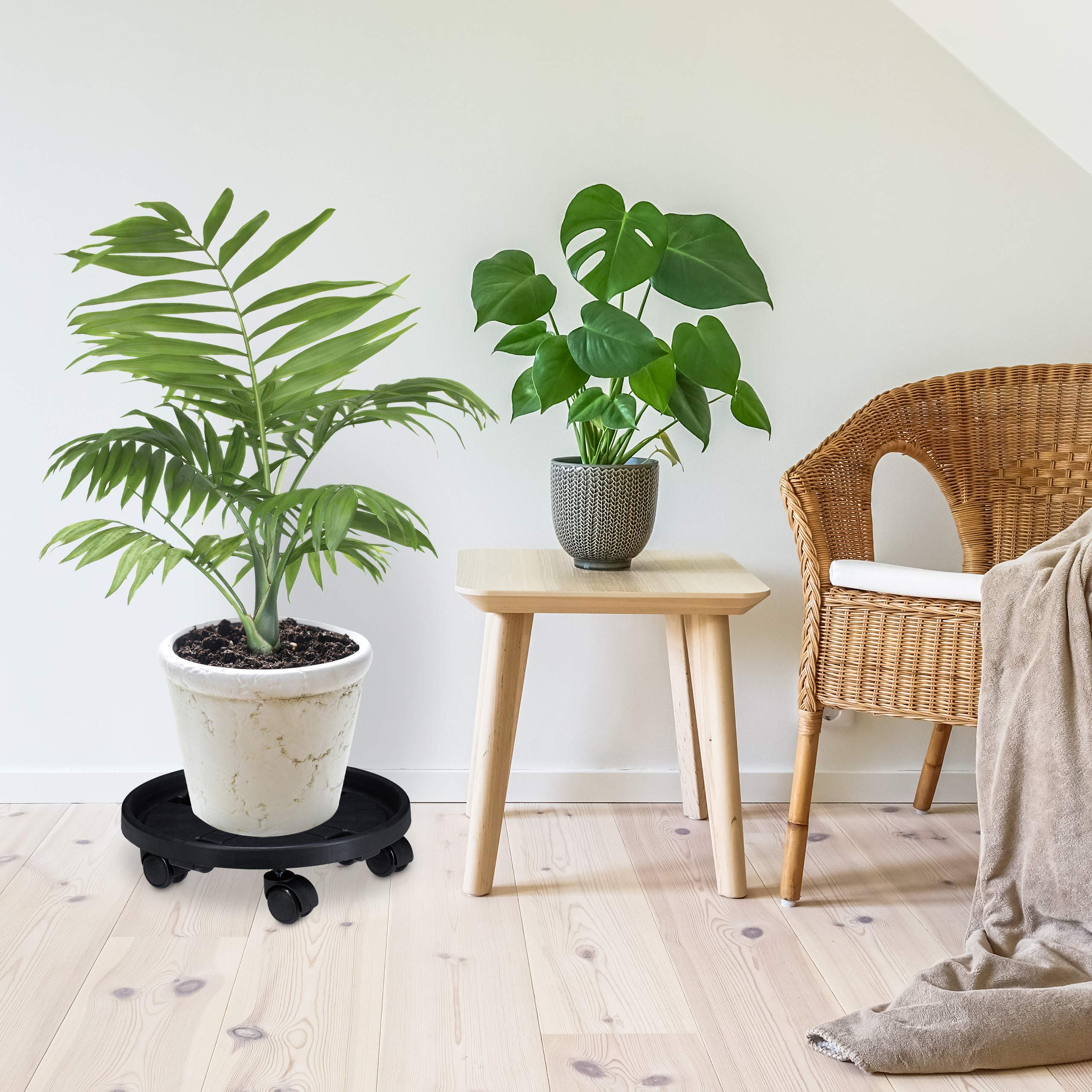 Relaxdays Portavasi con Ruote, Set Doppio, Ø 35,5cm, Carrelli Sottovasi con Rotelle, Plastica, Indoor & Outdoor, Nero