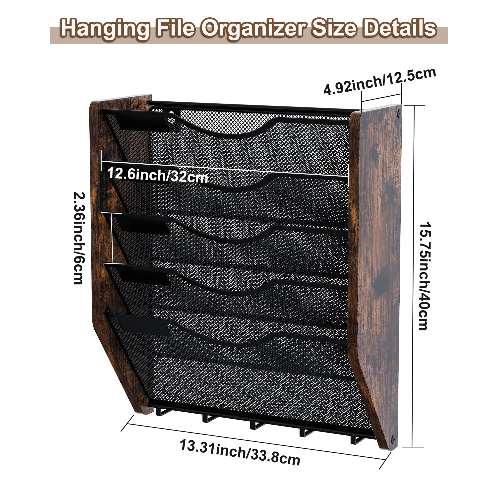 Organizador de archivos de pared con ganchos 5 niveles | de correo de malla montado en la pared, organizador de archivos colgante, soporte de revistas para documentos, revistas