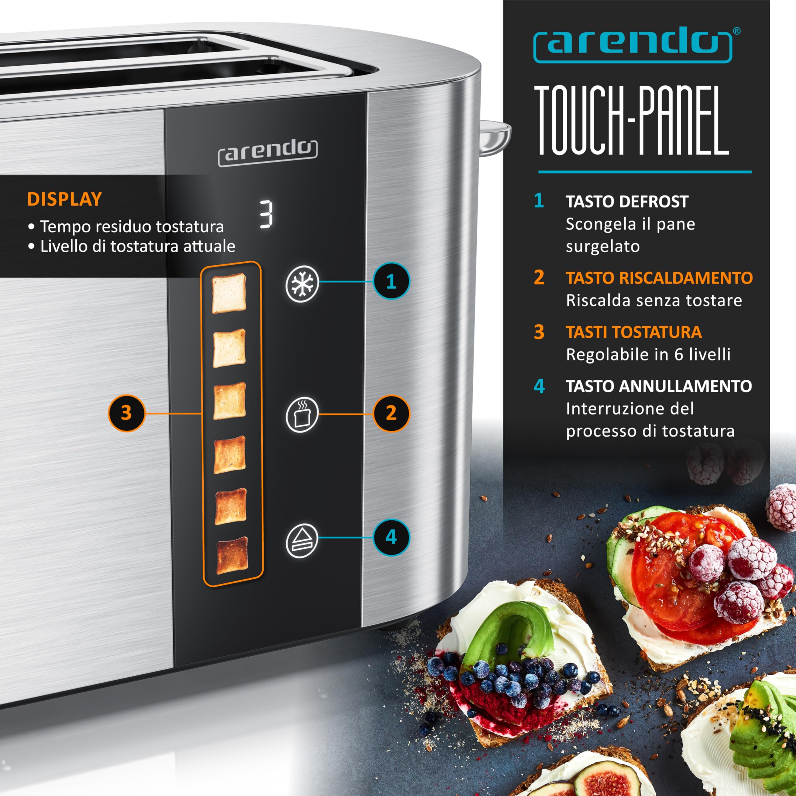 Tostapane a 2 Lunghe Fessure per 4 Fette, 1500 W, Visualizzazione a colori dei livelli di doratura, Display con indicazione del tempo rimanente, Tasti touch, Scaldapasta viennese, Doratura da 1 a 6