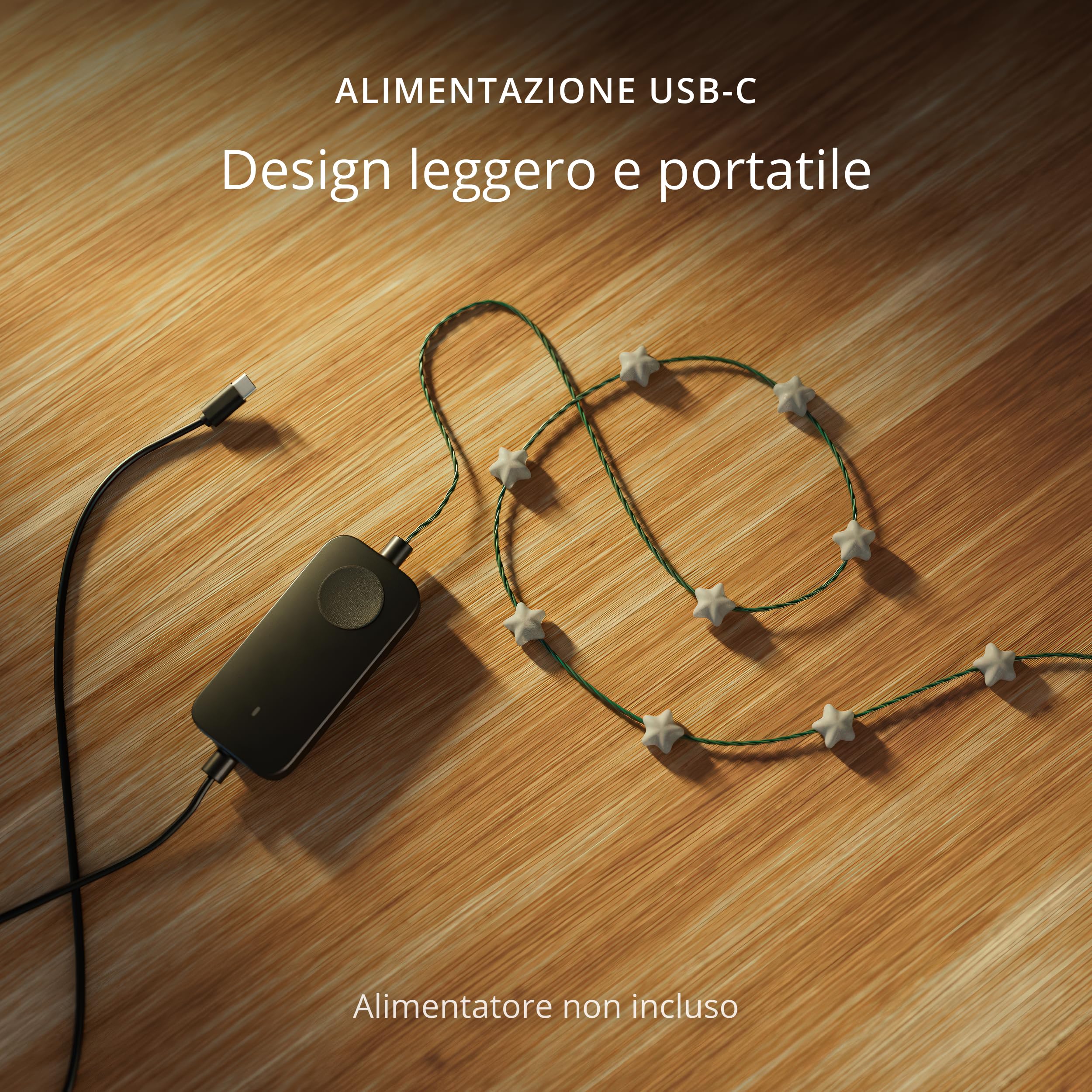 Twinkly Strings USB-C Star 200 LED, Striscia Luci LED a Forma di Stella, Luci LED Multicolore RGB, Luci San Valentino, Compatibile con Alexa, Google Home, Luci Mappabili, USB C, Filo Verde, 12m